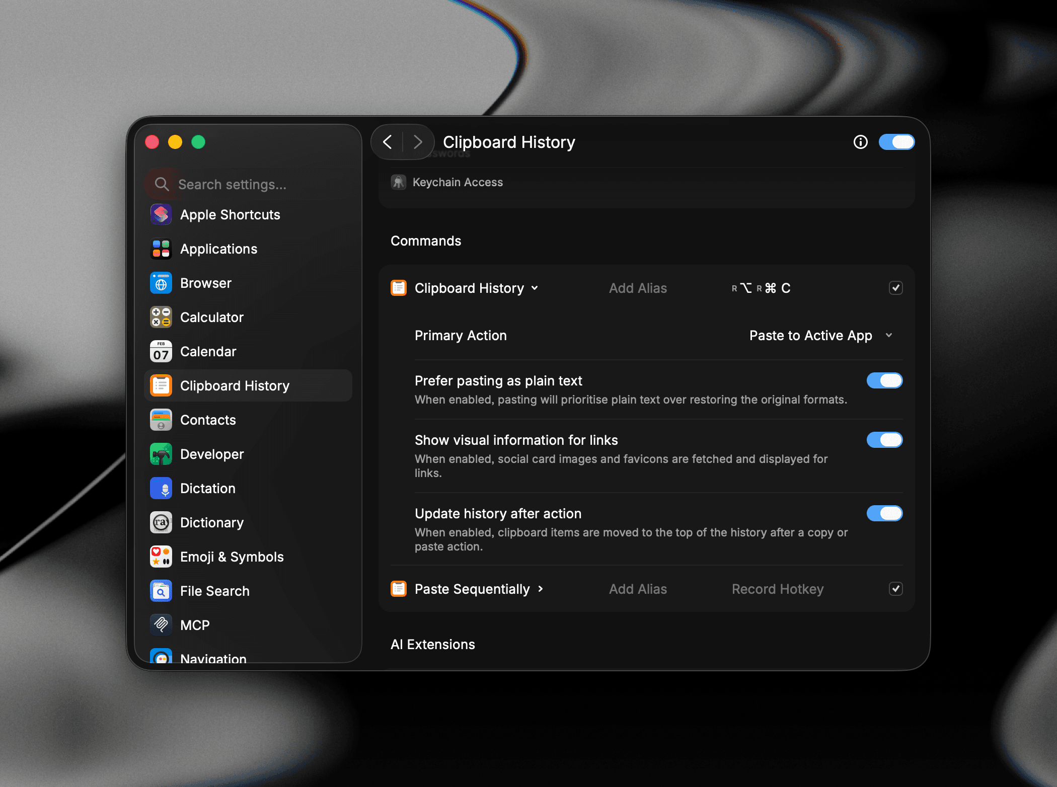 Clipboard History commands settings