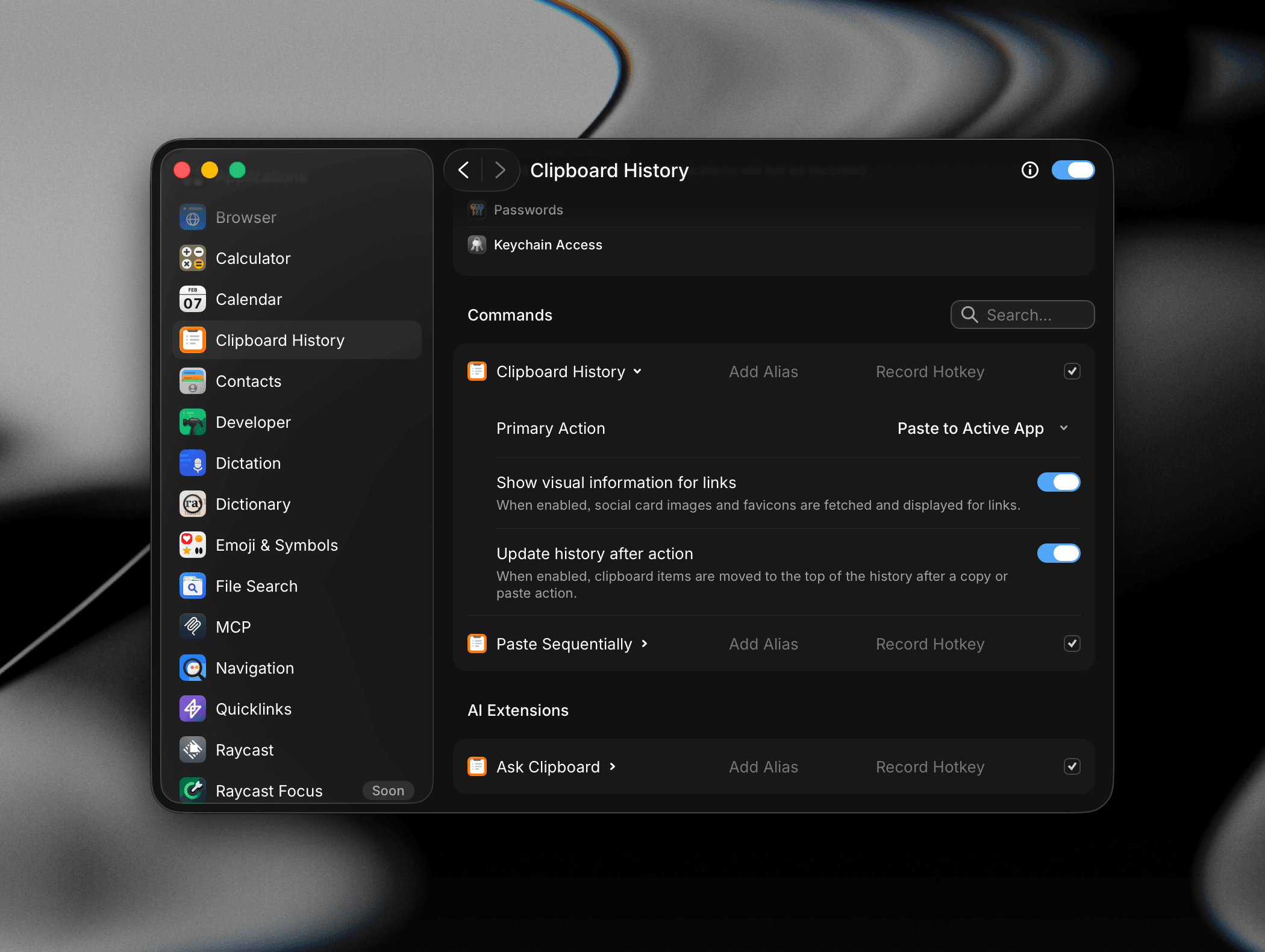 Clipboard History commands settings