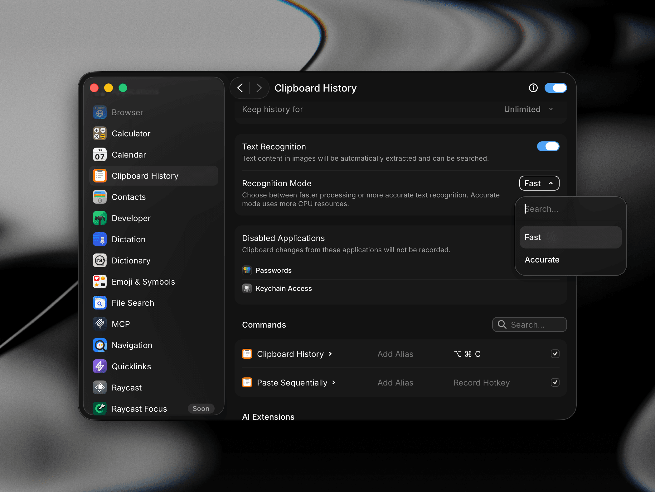 Recognition Mode options