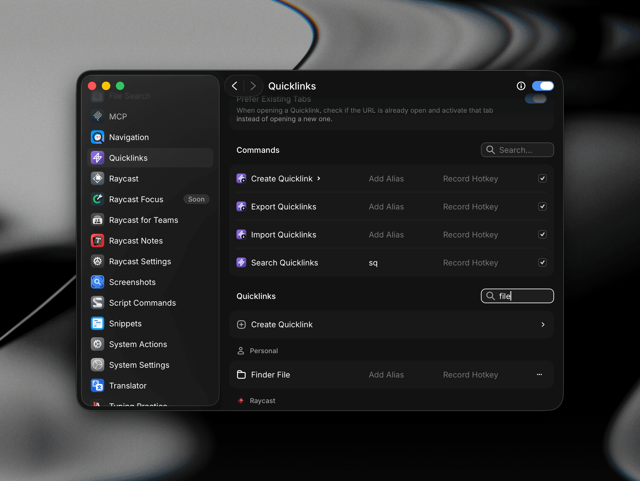 Quicklinks library in Settings