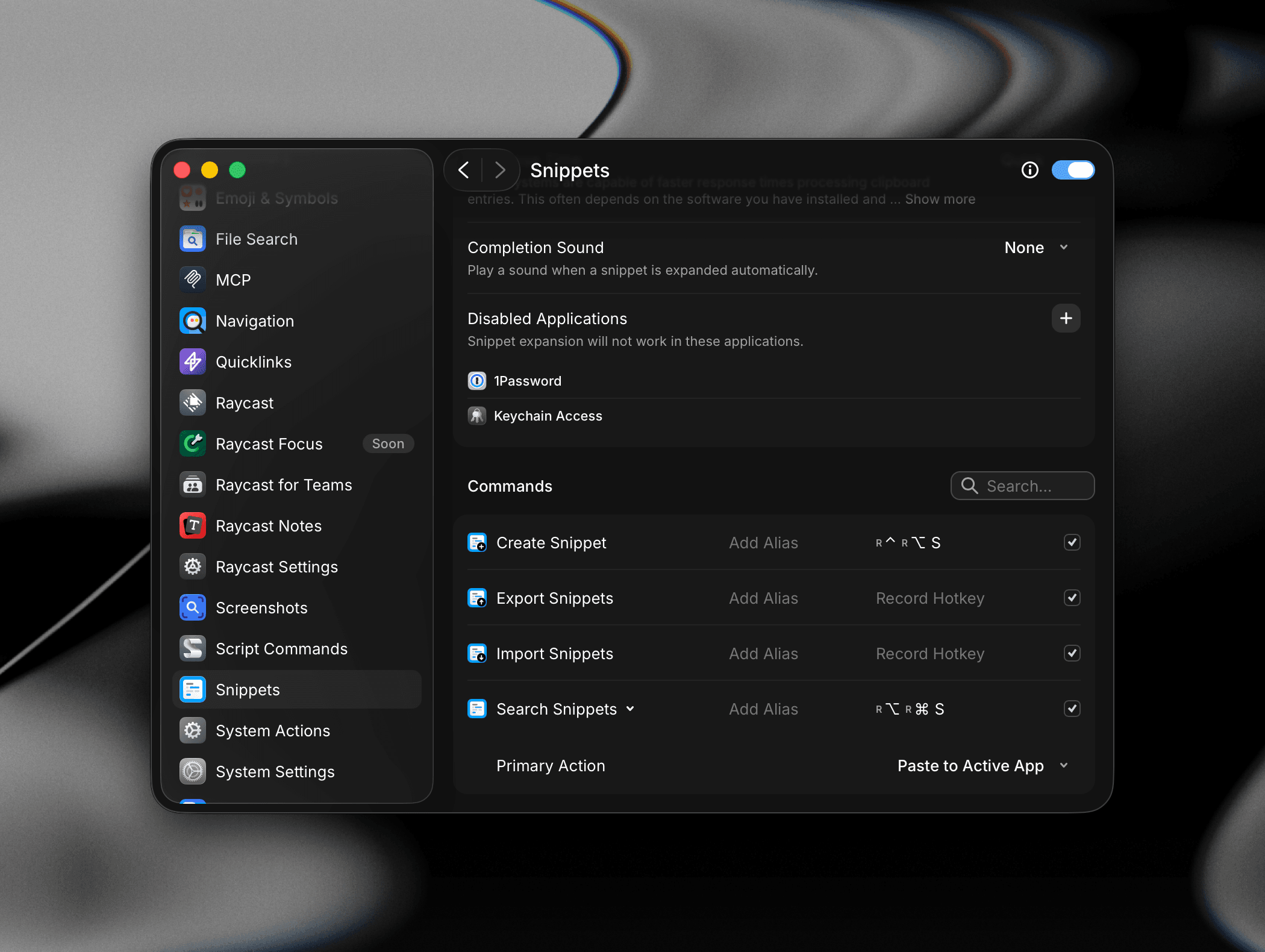 Snippet commands settings