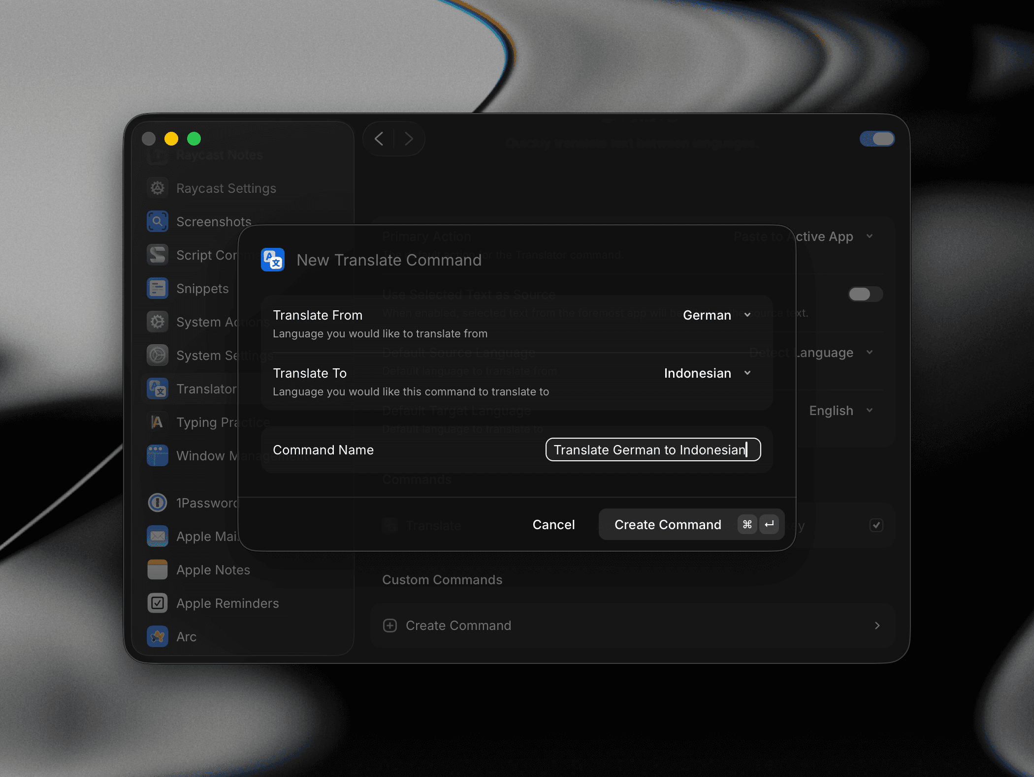 New Translate Command dialog