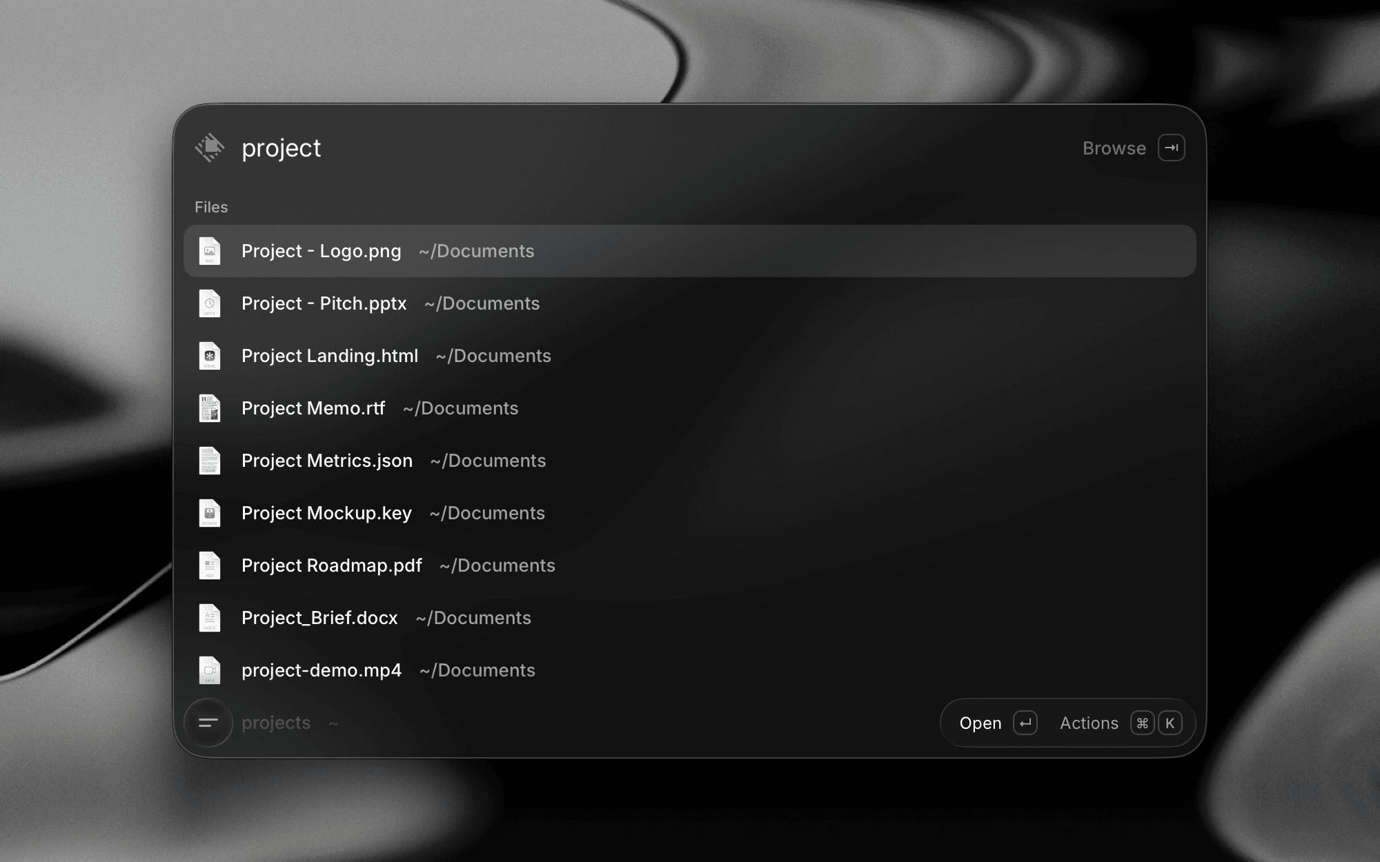 Raycast Root Search showing file search results