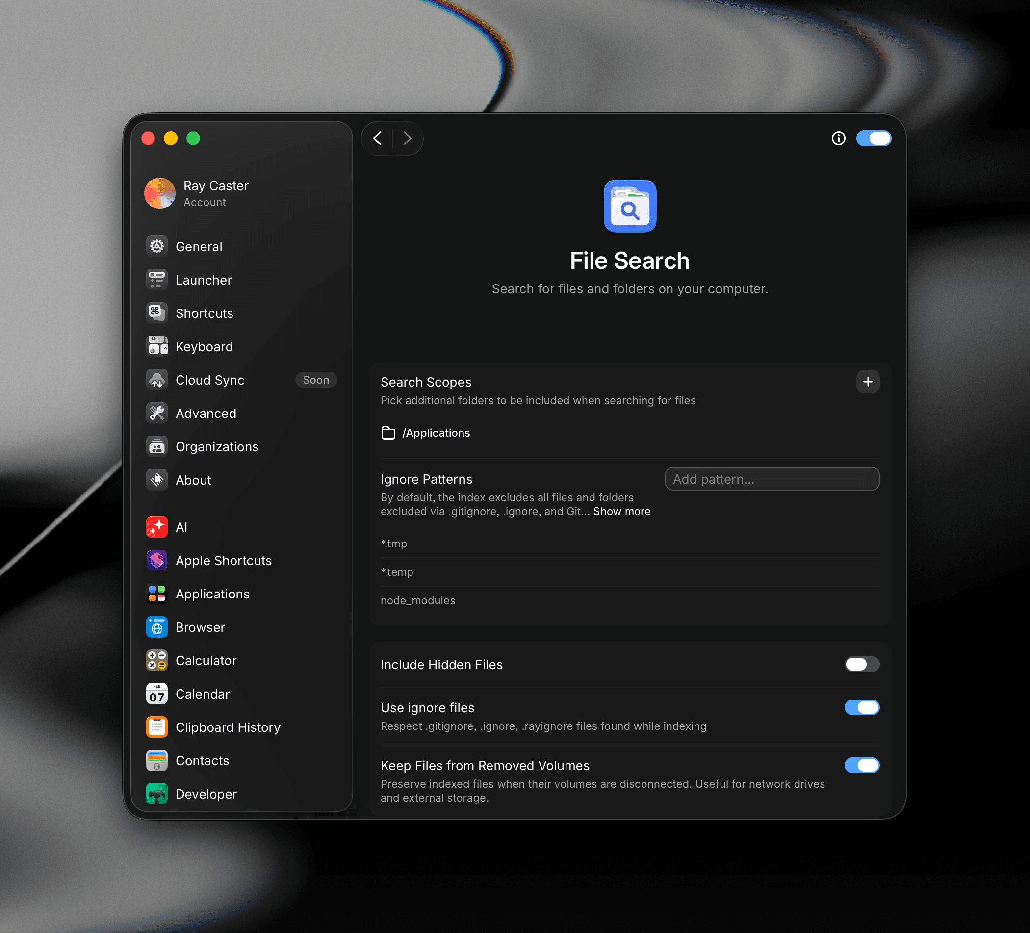 Raycast Settings showing File Search extension