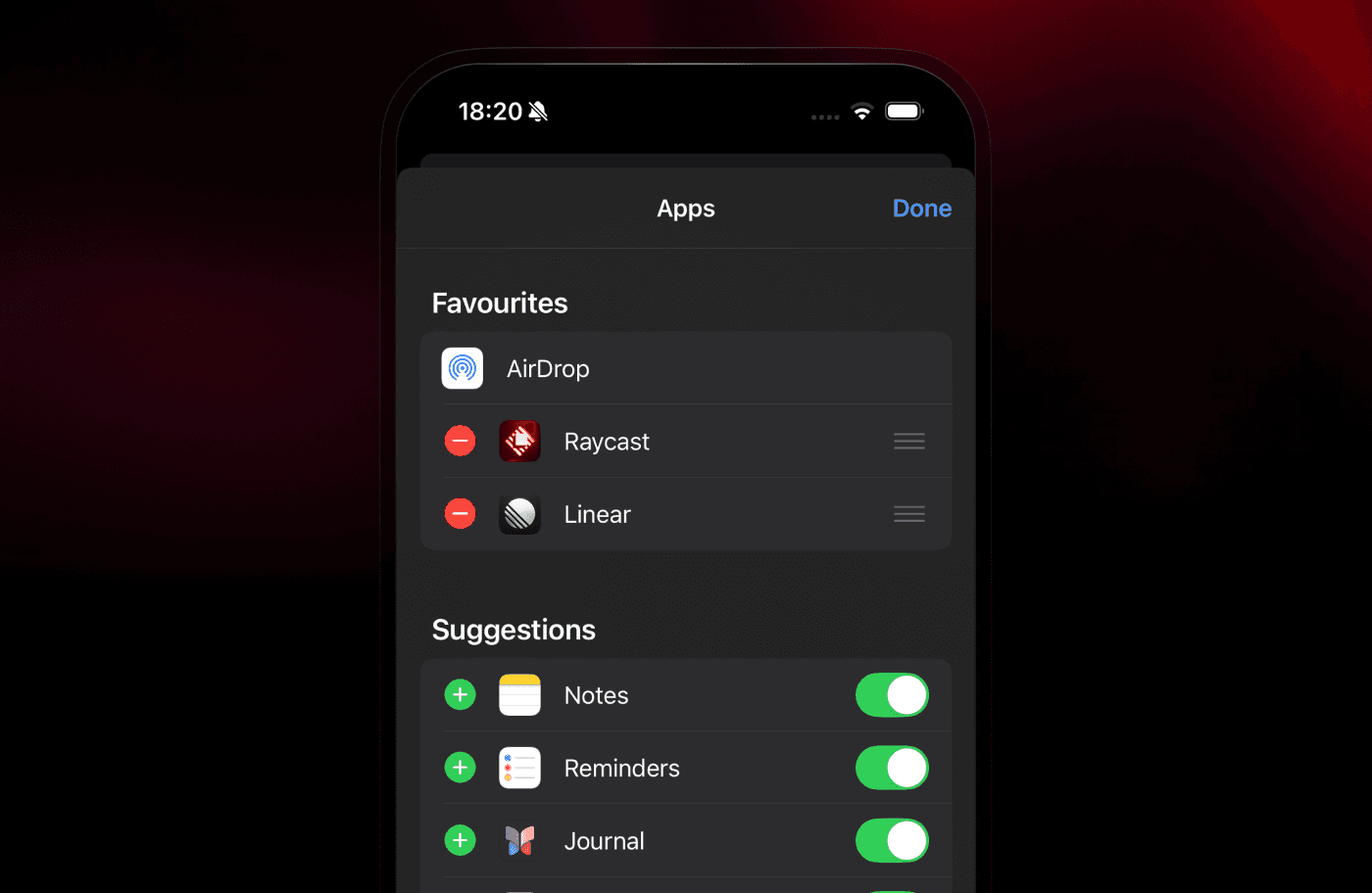 Pinning Raycast to favorites in the iOS share sheet