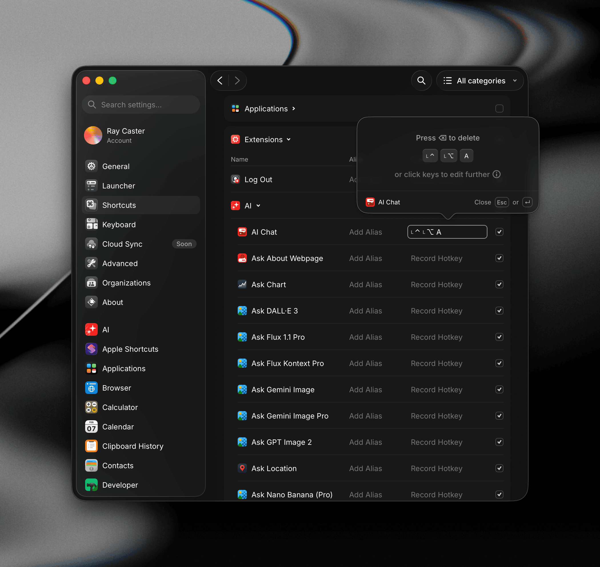 The new hotkey recorder in Raycast v2