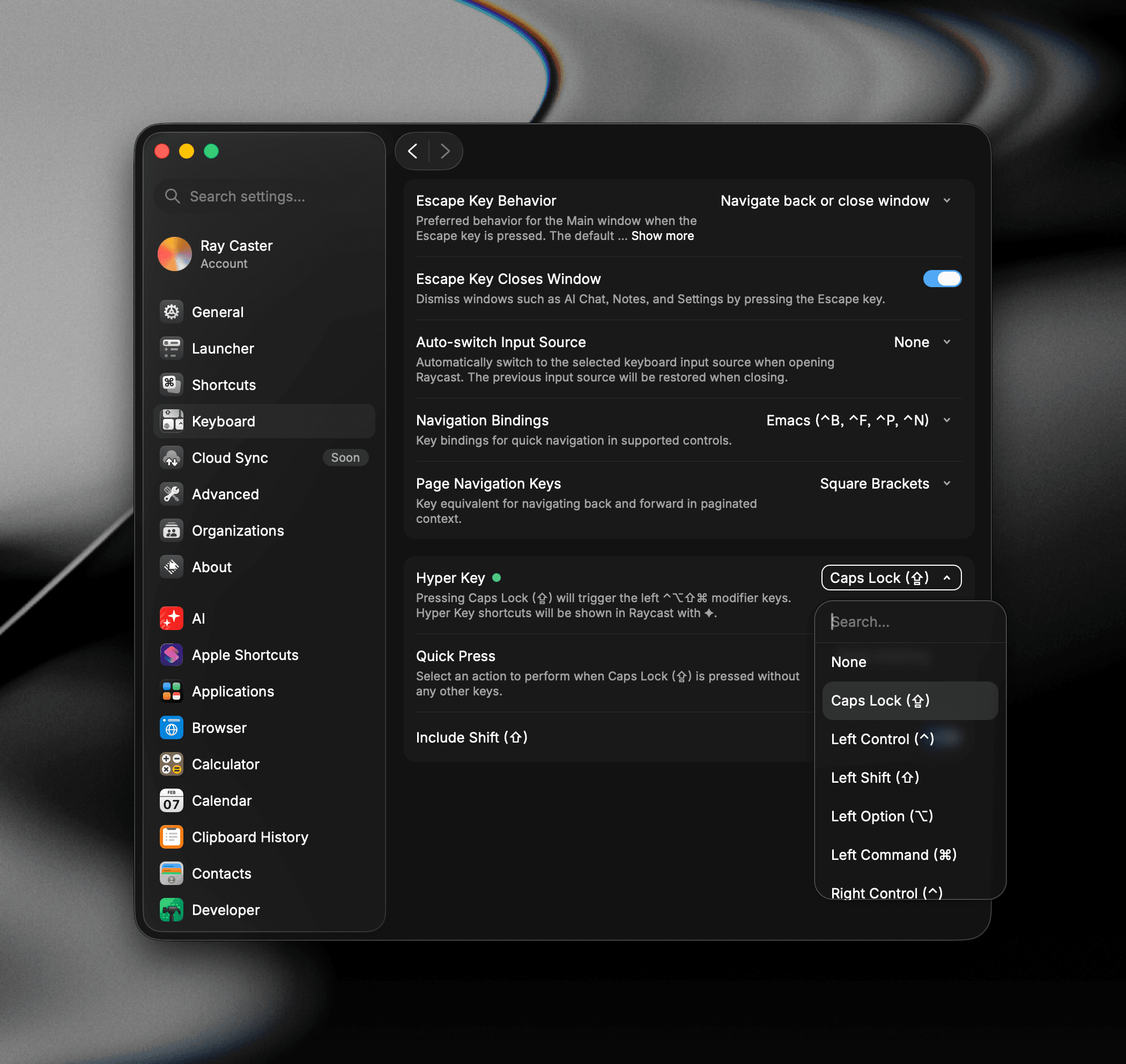 Hyper Key settings in Raycast, showing the key picker and available options