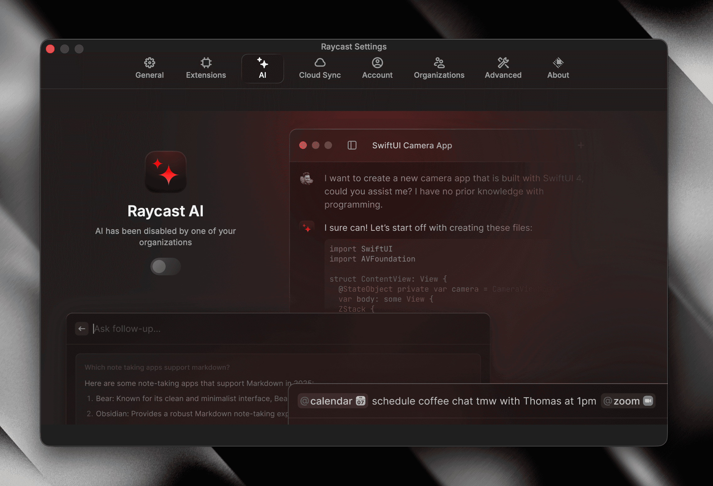 Raycast AI features disabled in client settings