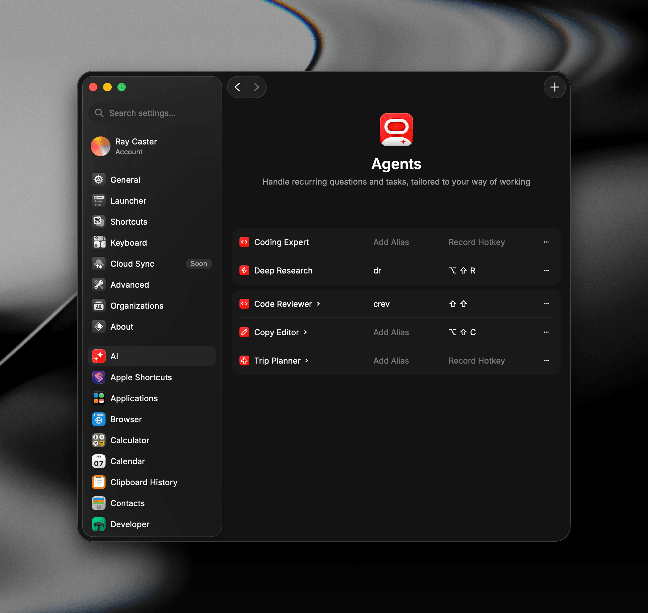 The Agents settings page in Raycast, showing built-in and custom Agents