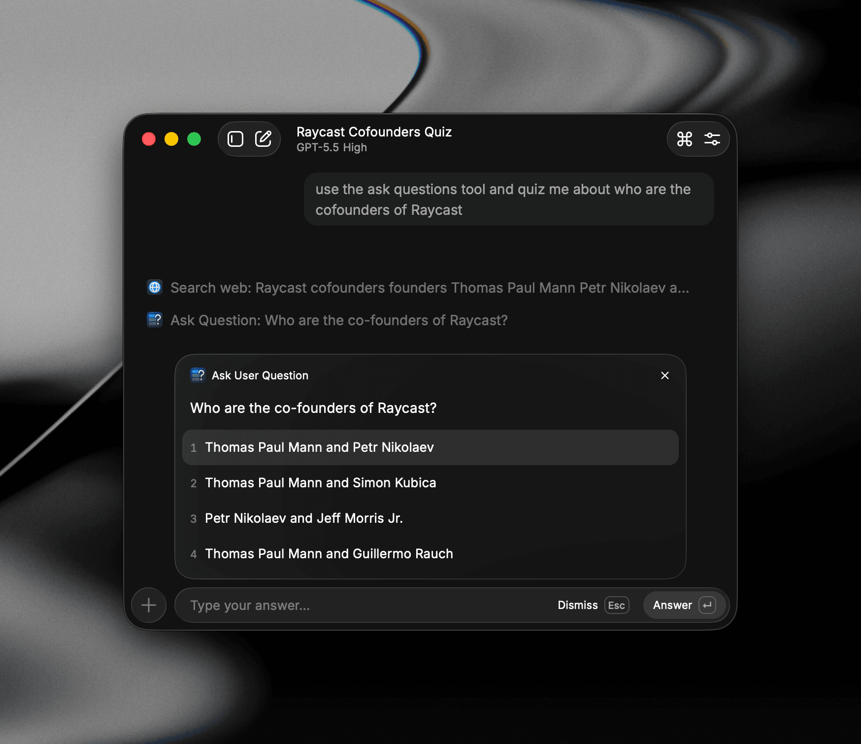 AI Chat pausing to ask a multiple-choice question about Raycast's co-founders