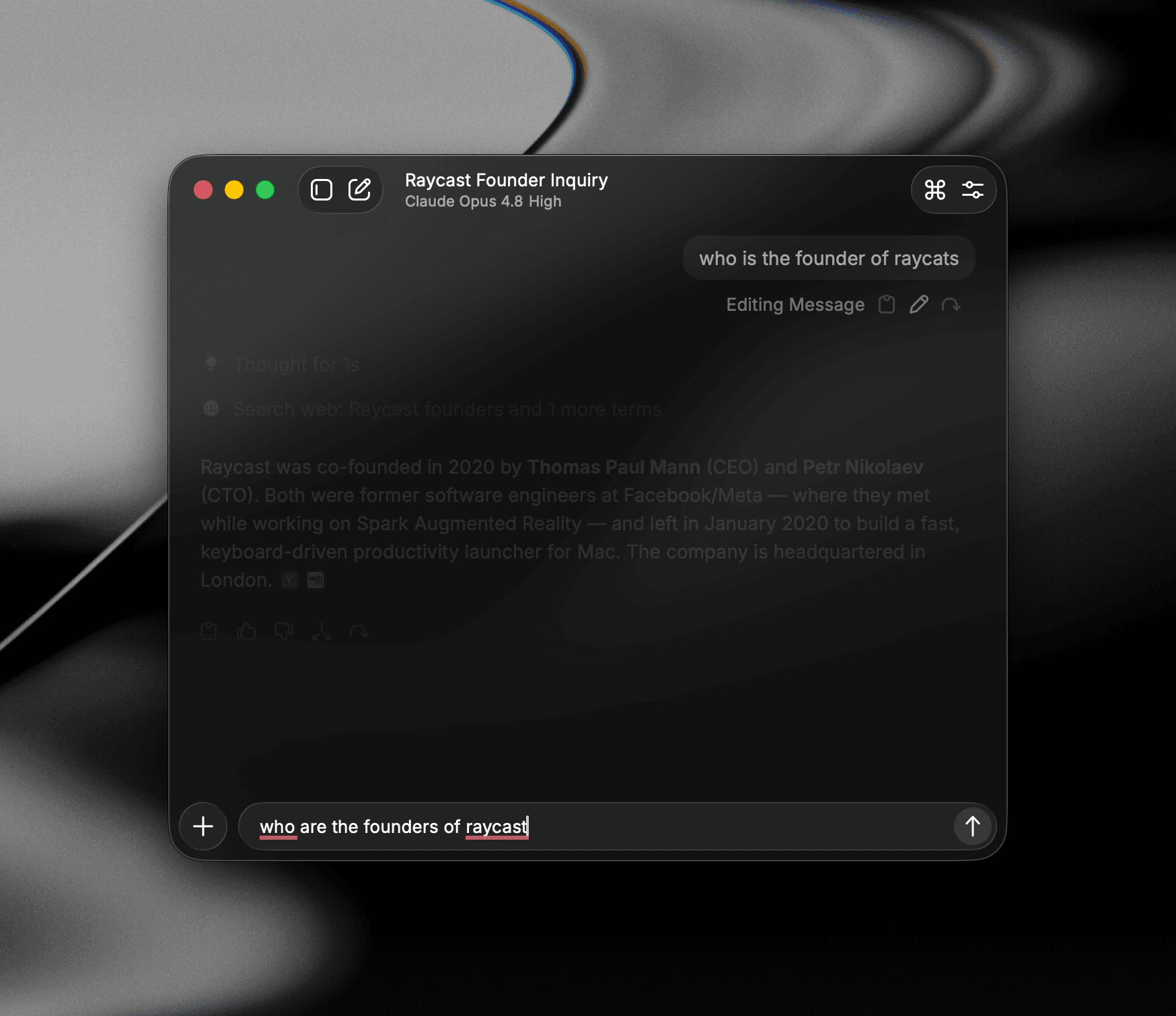 Editing a previously sent message in AI Chat, with the edit (pencil) action revealed and the Editing Message state shown