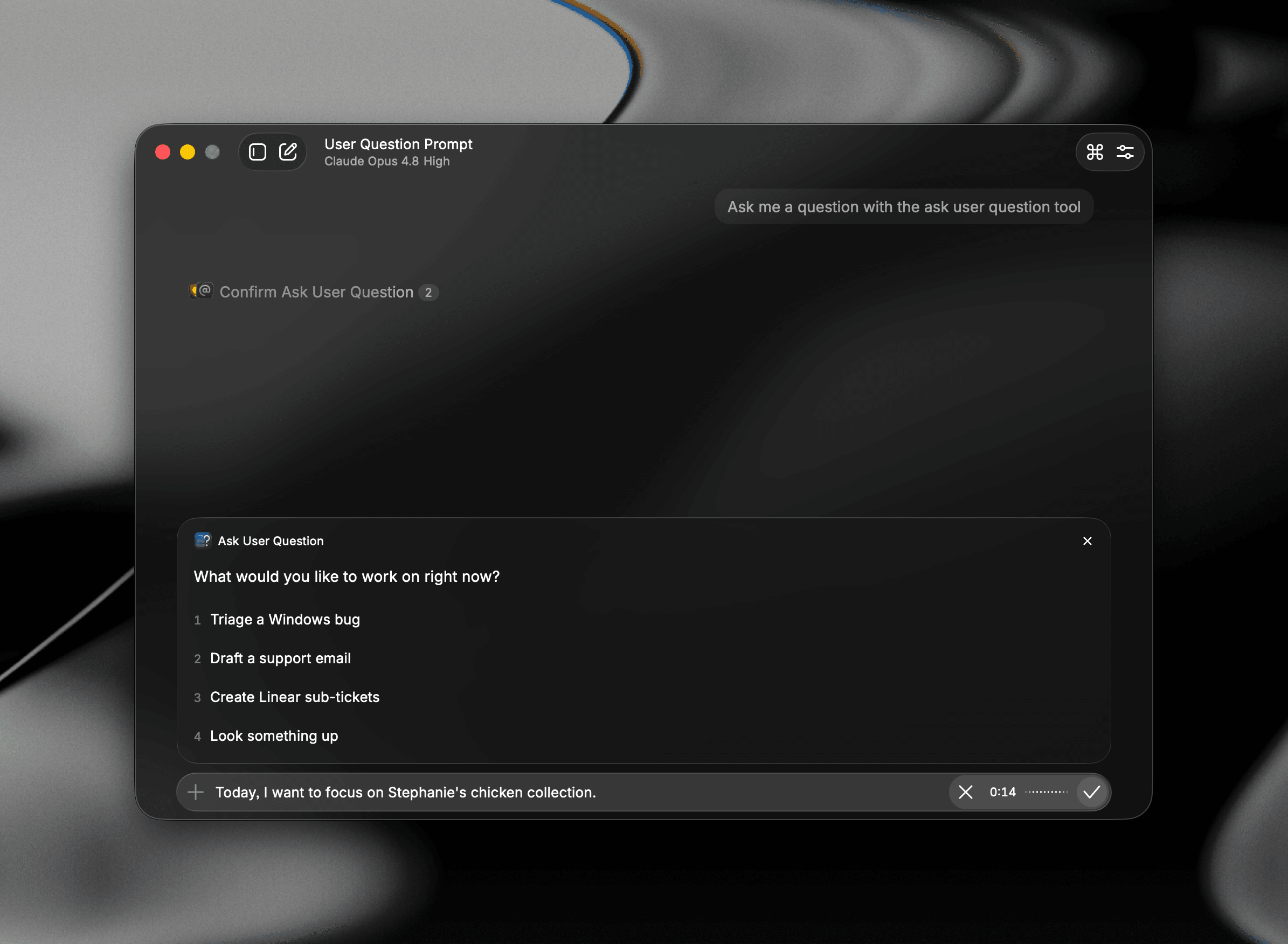 Dictating a response to an Ask User Question prompt in AI Chat, with the dictation session running in the composer