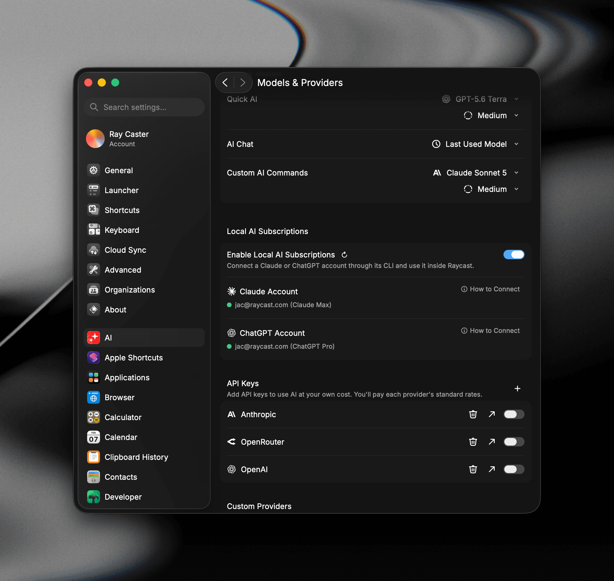 The Local AI Subscriptions section in Raycast's AI settings, with Enable Local AI Subscriptions turned on and connected Claude and ChatGPT accounts