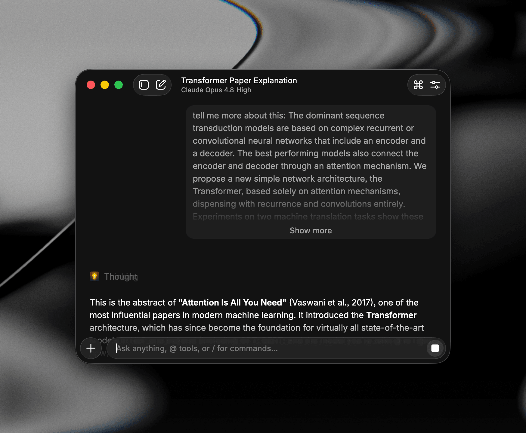 A long message collapsed in AI Chat with a Show more control