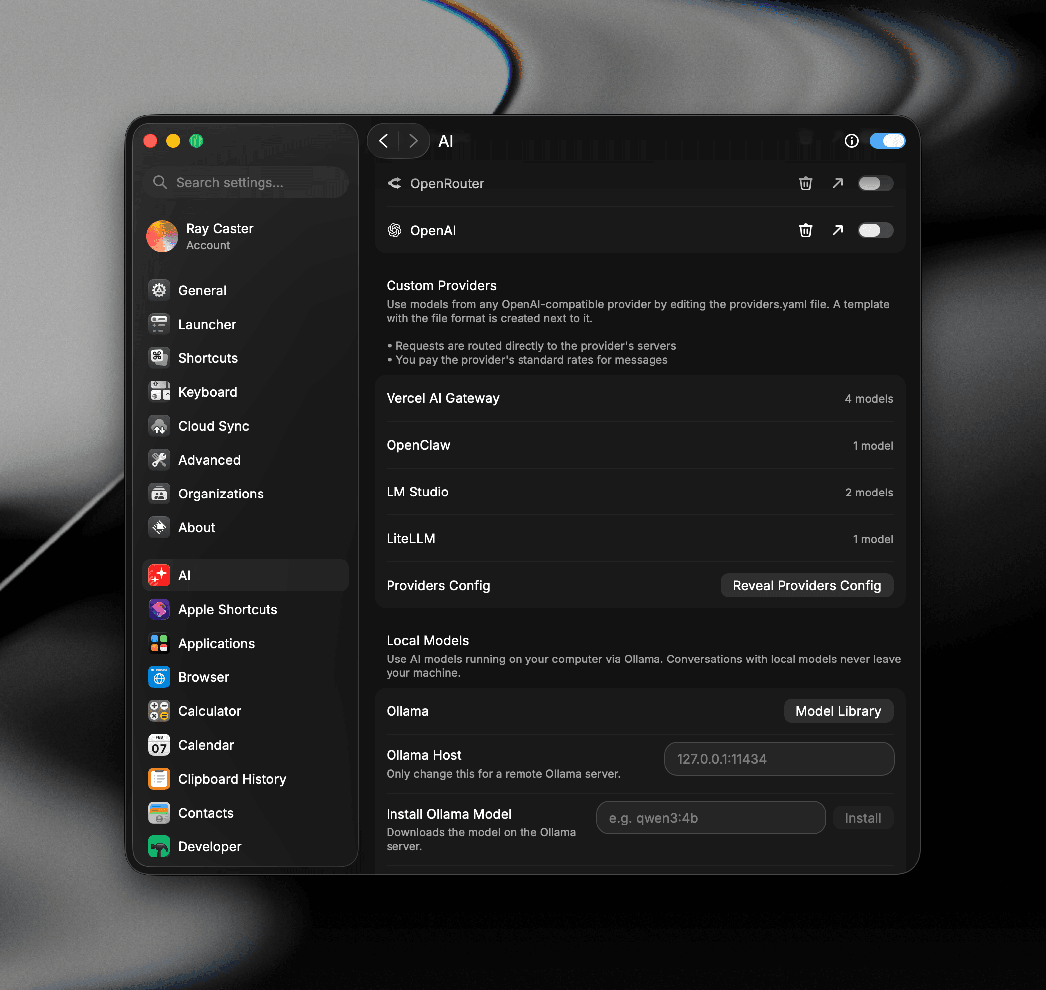 The Custom Providers section in Raycast's AI settings, listing Vercel AI Gateway, OpenClaw, LM Studio, and LiteLLM with their model counts
