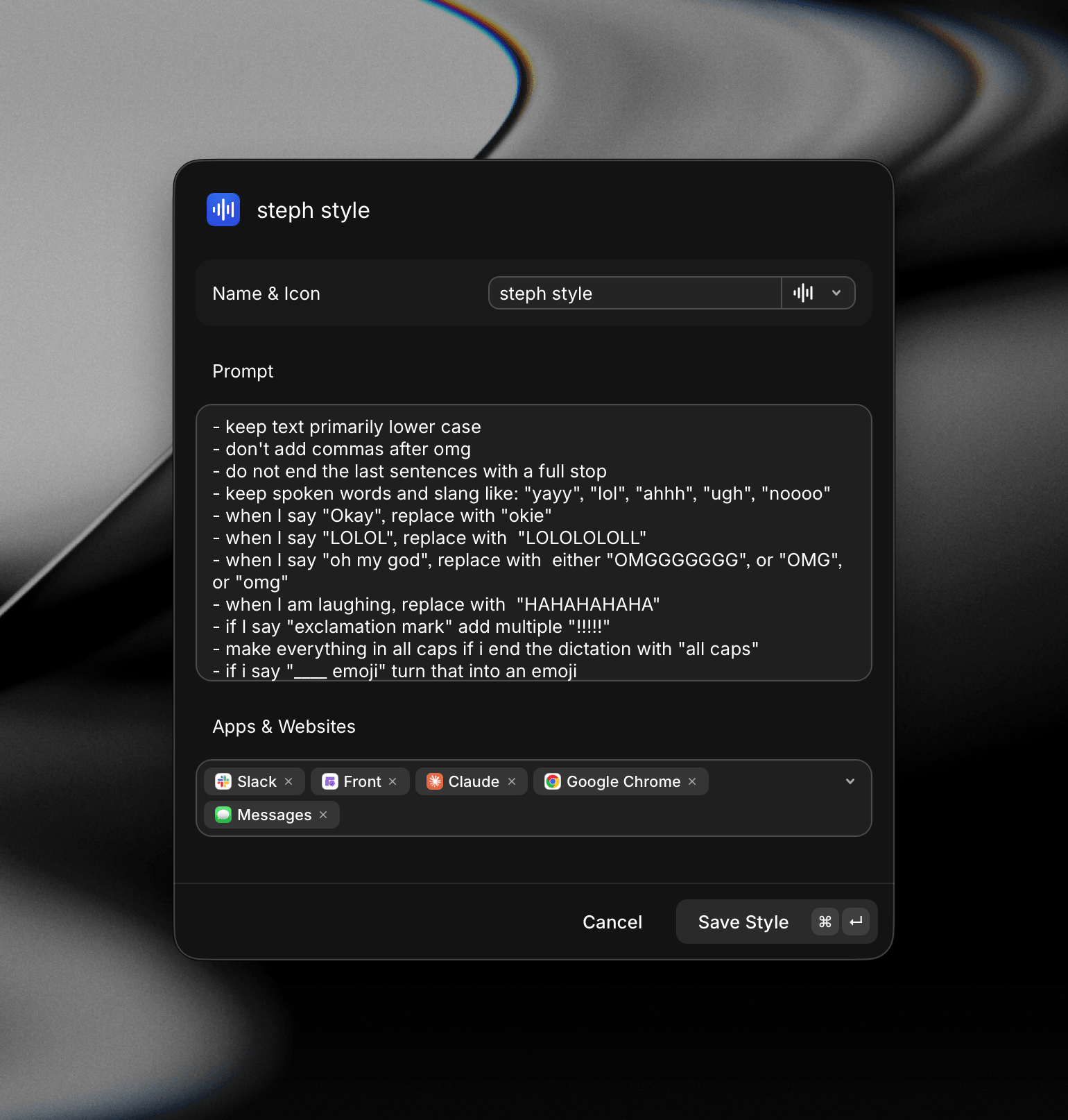 The Create Style dialog with a custom style named 'steph style'