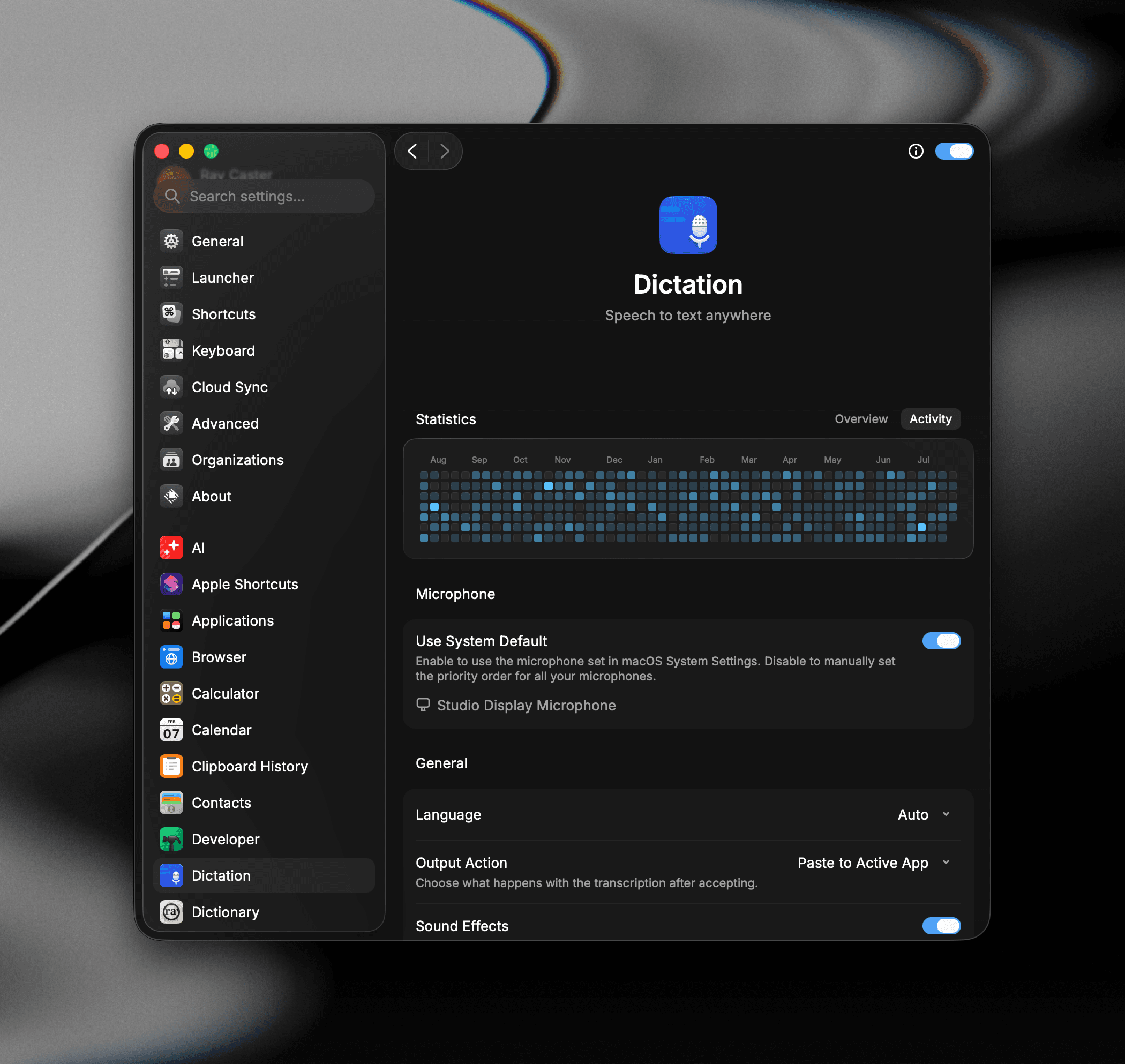 Raycast Settings open on the Dictation pane, showing activity graph