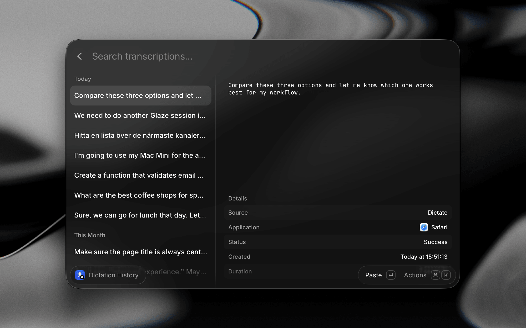 The Dictation History command in Raycast
