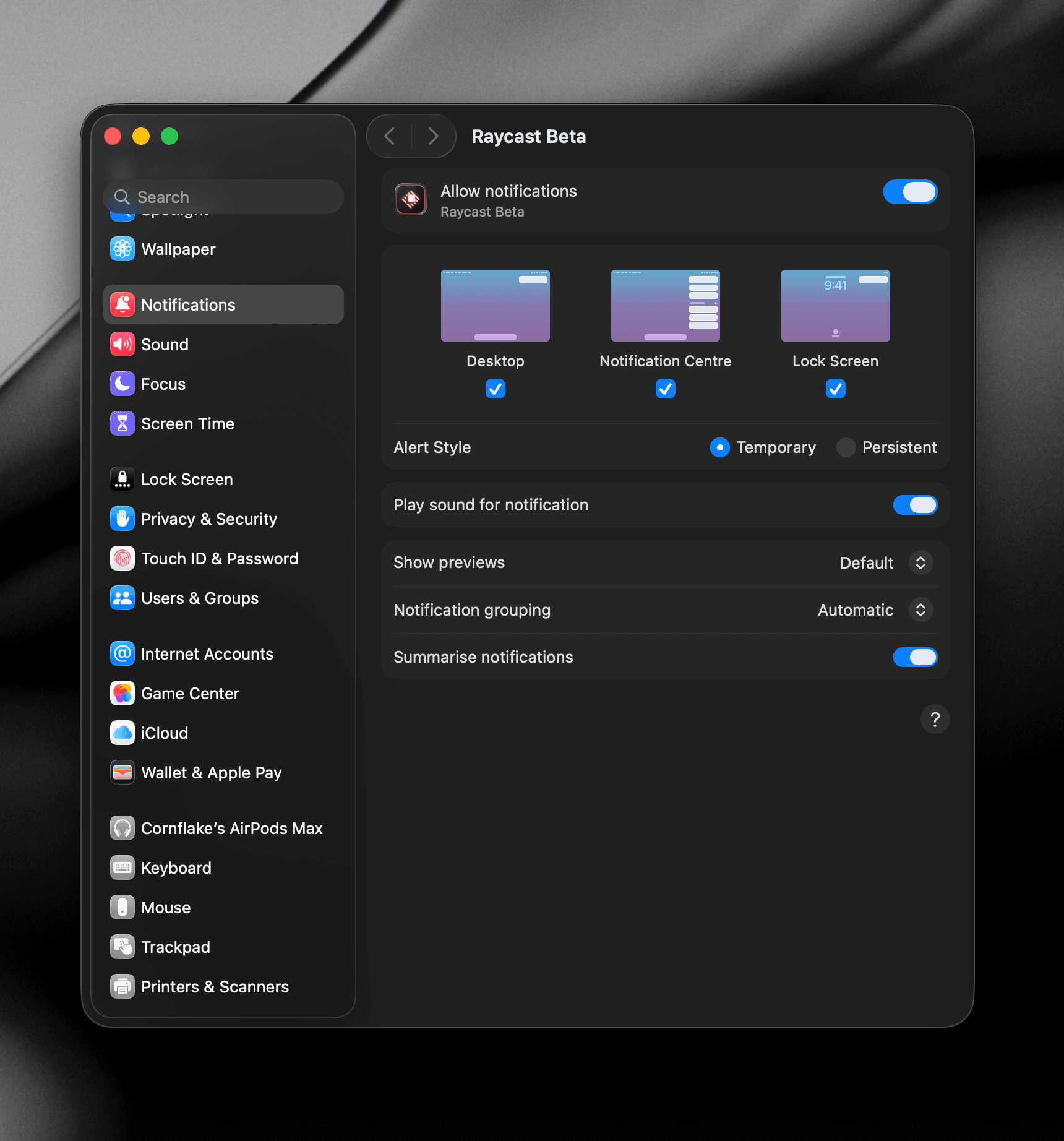 Raycast's notification permission in macOS System Settings → Notifications
