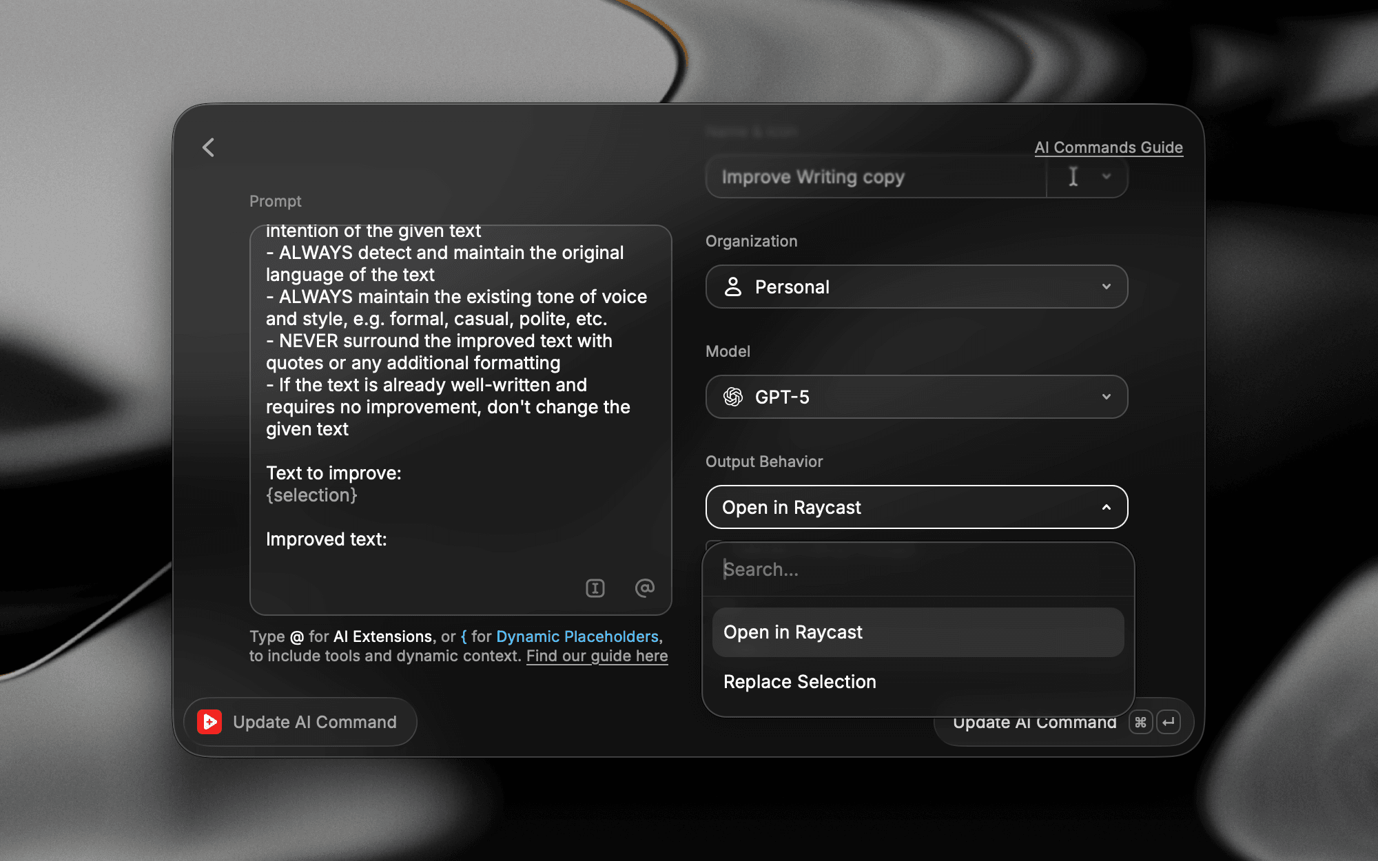 The Create AI Command form with the Output Behavior menu open, showing the Open in Raycast and Replace Selection options