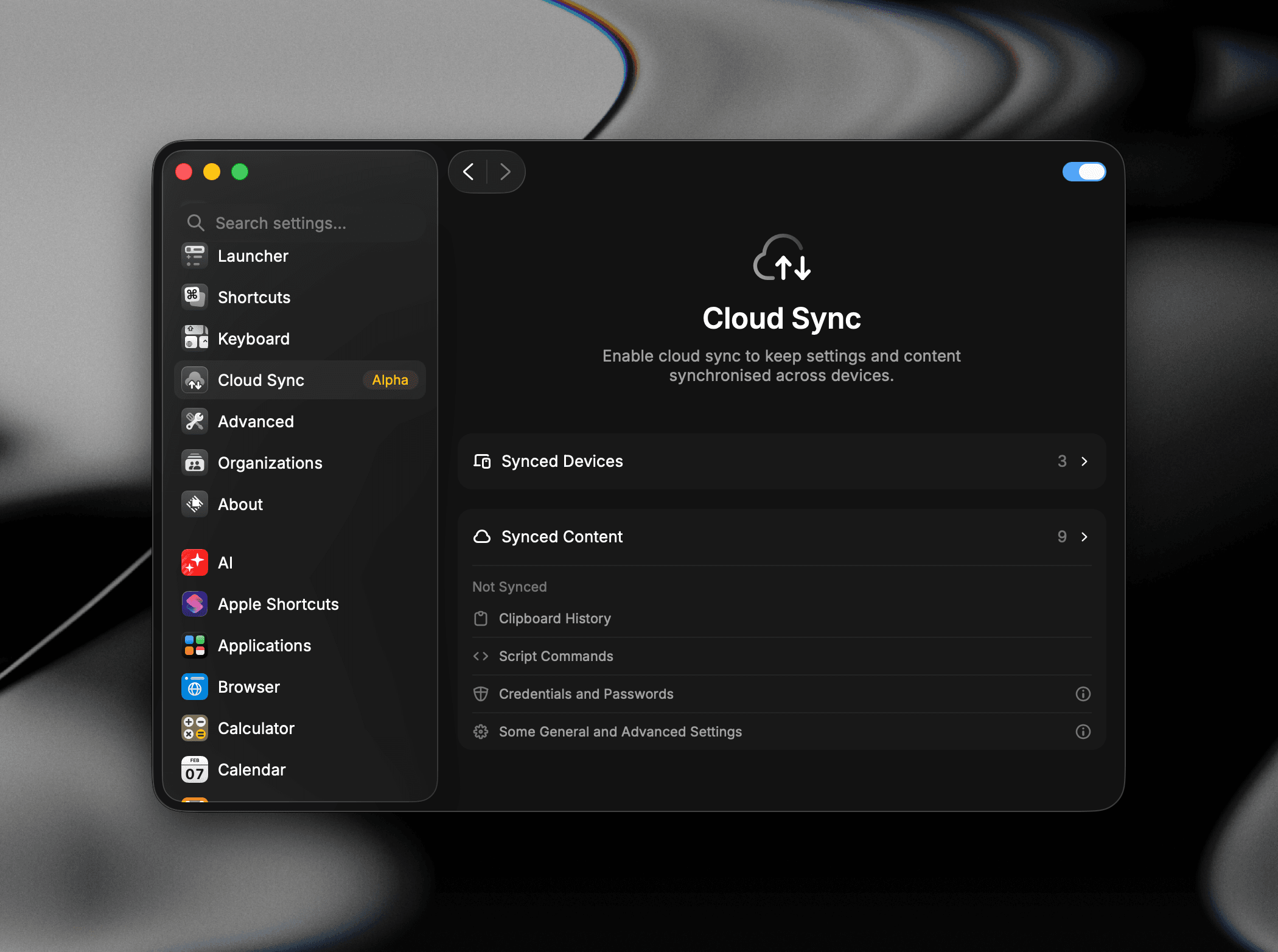 The Cloud Sync settings tab with sync enabled, showing Synced Devices, Synced Content, and the items that are not synced