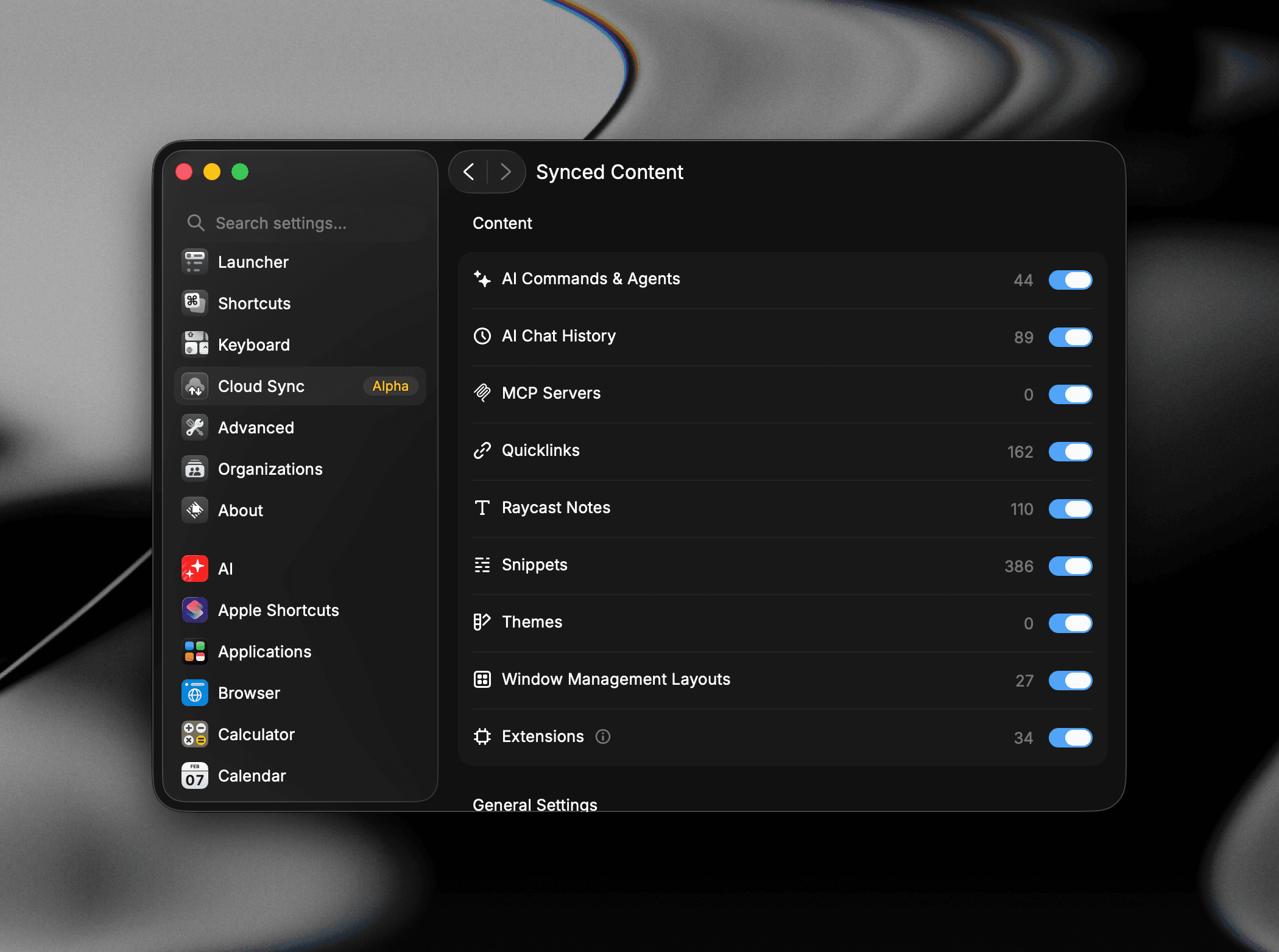 The Synced Content screen listing each category with its item count and sync toggle