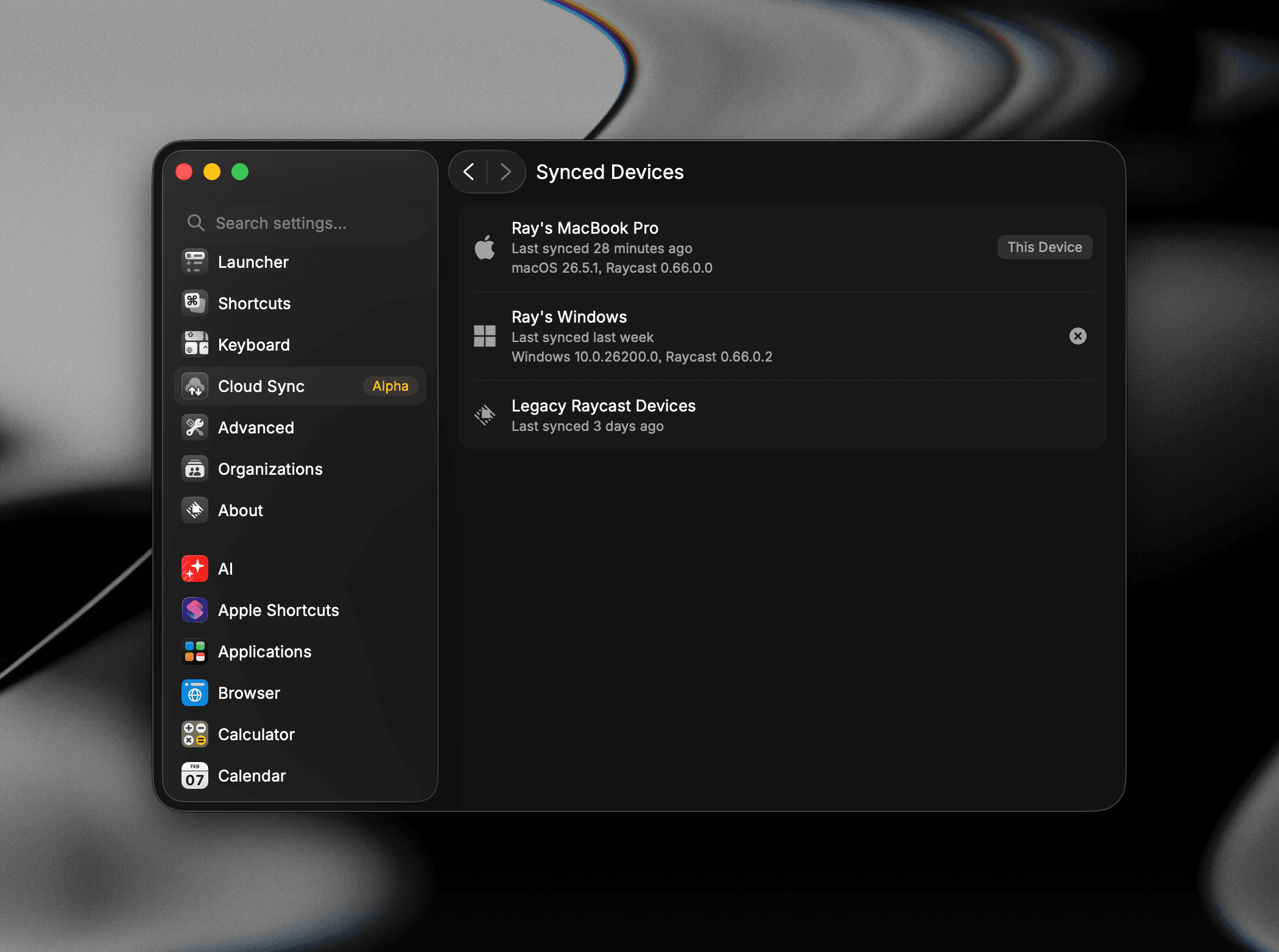 The Synced Devices screen listing each connected device with its platform, app version, and last sync time