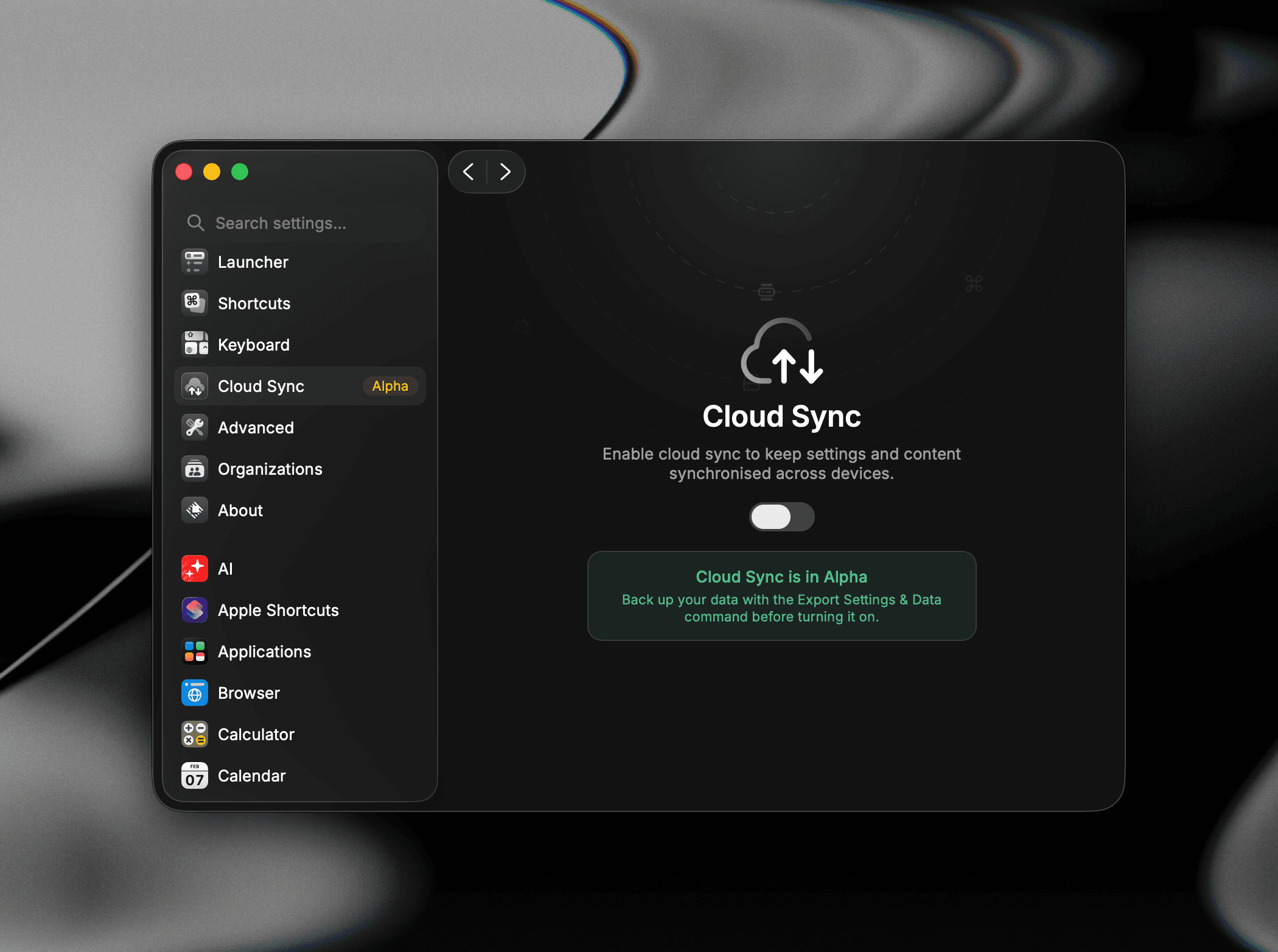 The Cloud Sync settings tab with the enable toggle turned off and the alpha backup reminder