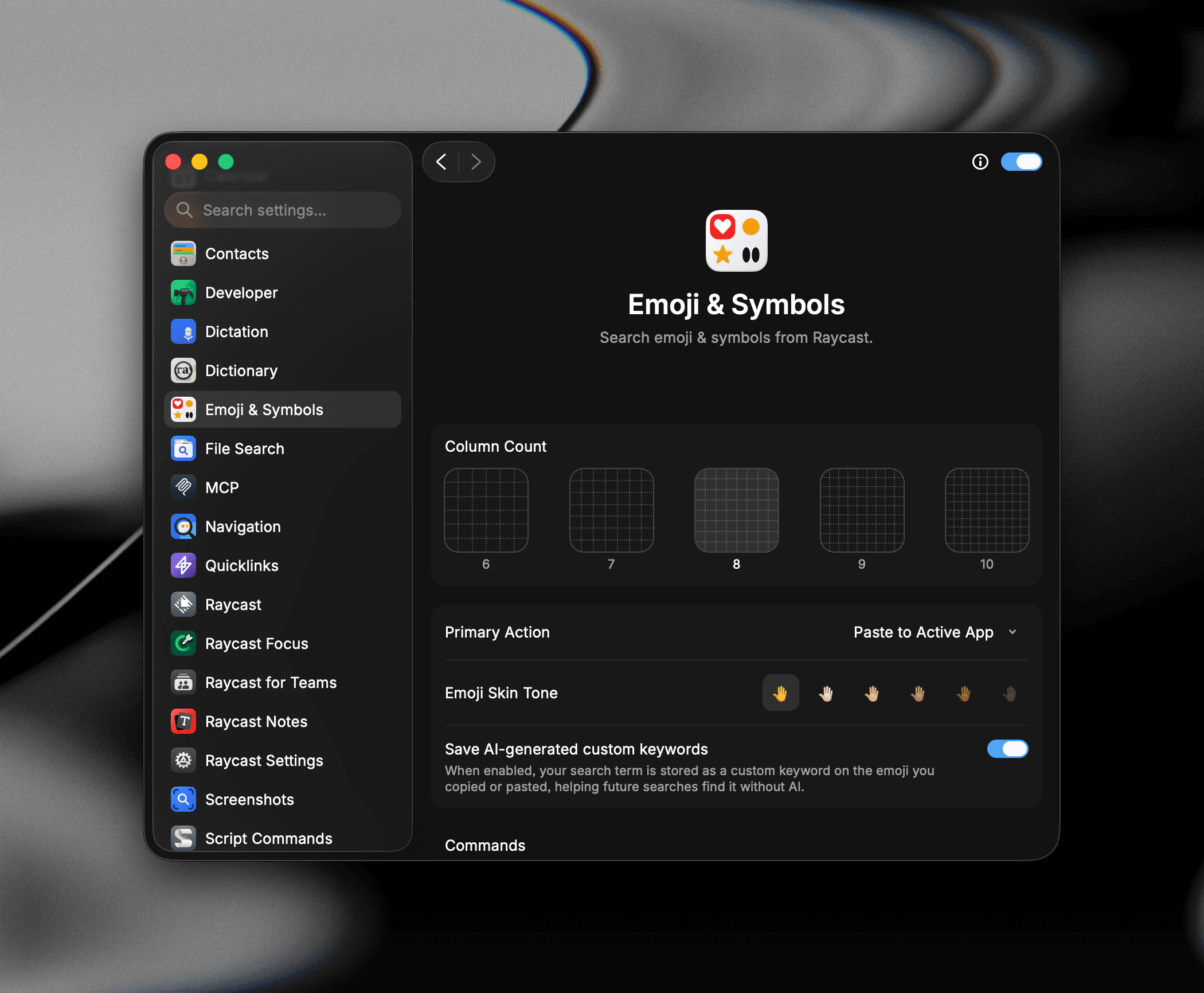 The Emoji & Symbols page in Settings
