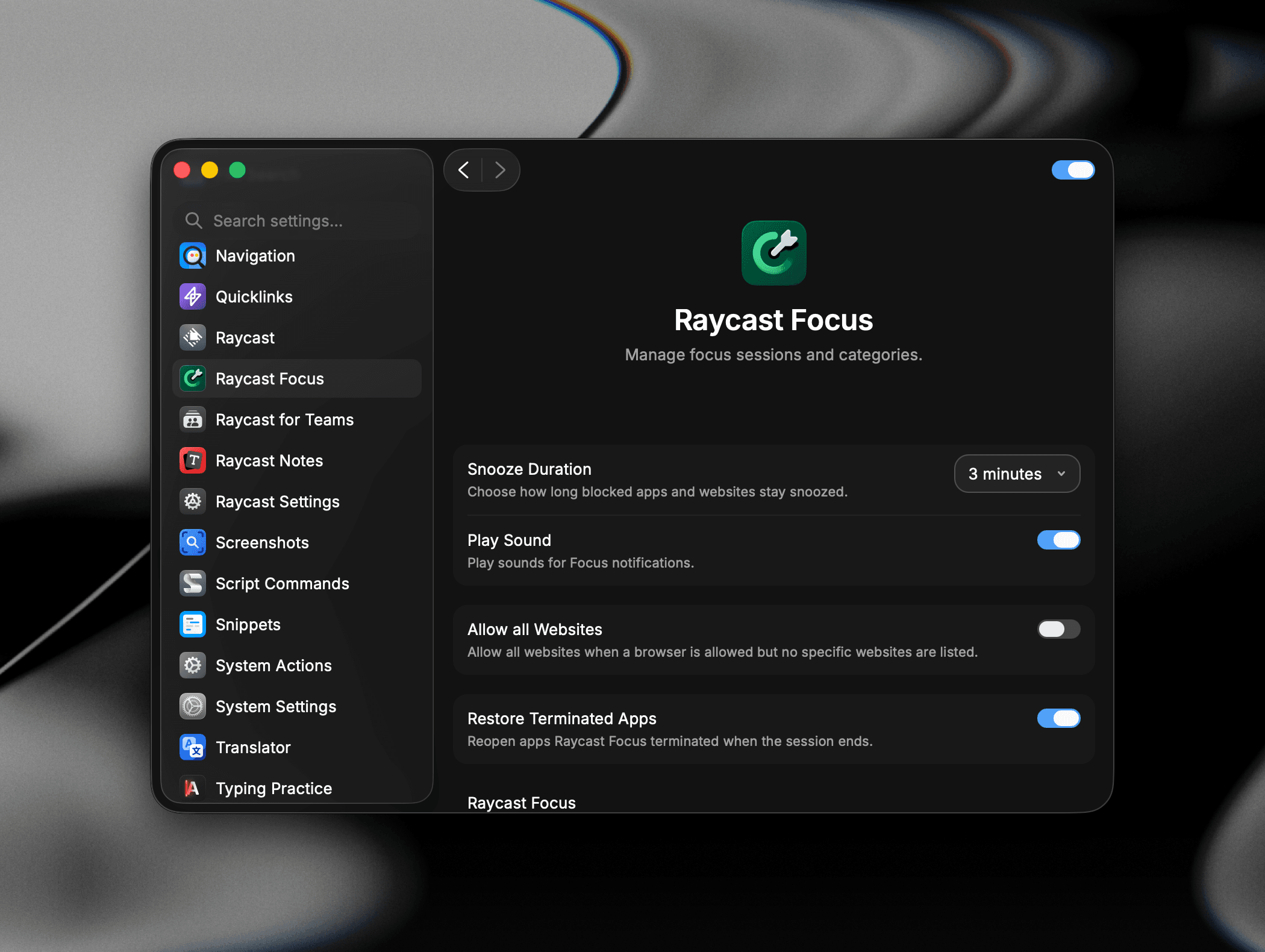 Raycast Settings showing Raycast Focus options including Snooze Duration, Play Sound, Allow all Websites, and Restore Terminated Apps
