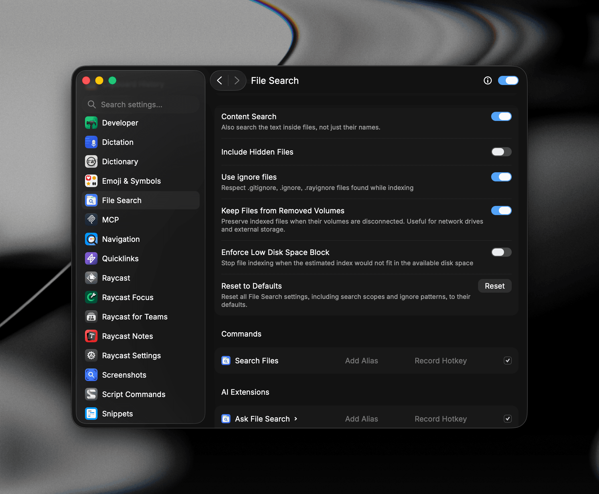 Content Search toggle in Raycast Settings → File Search
