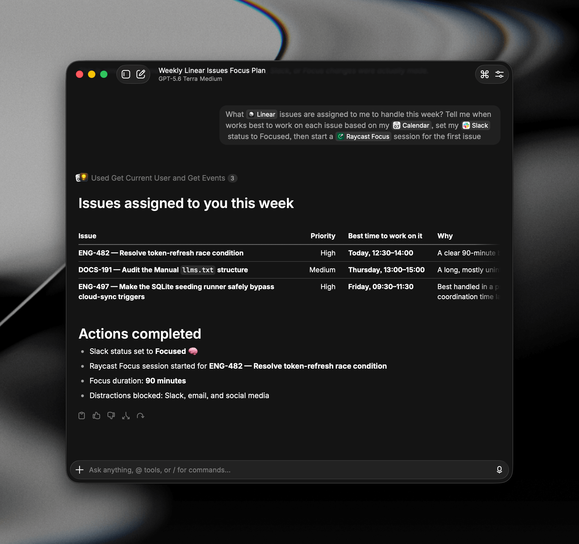 AI Chat using extensions to plan the week