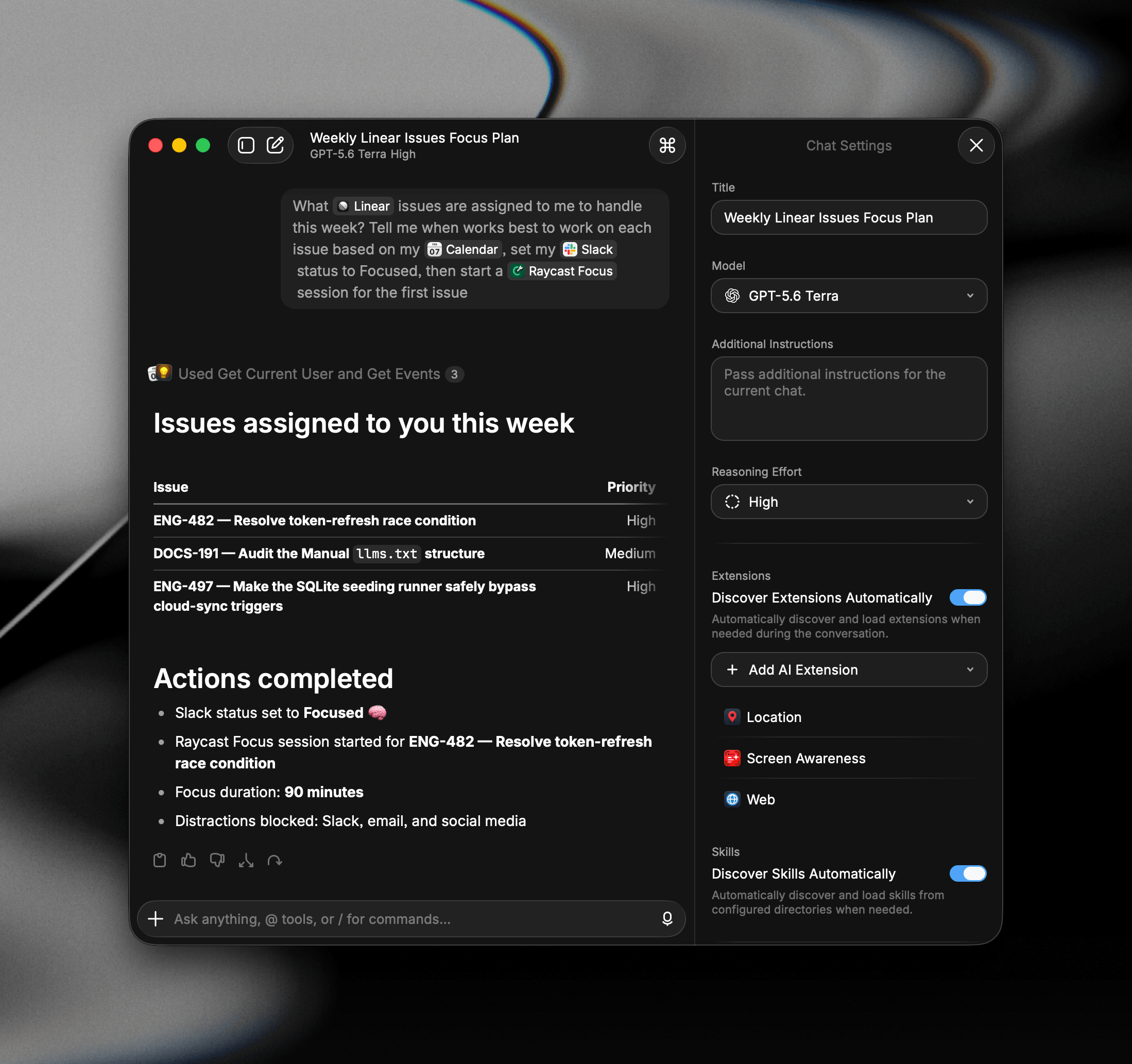 Chat Settings with automatic extensions