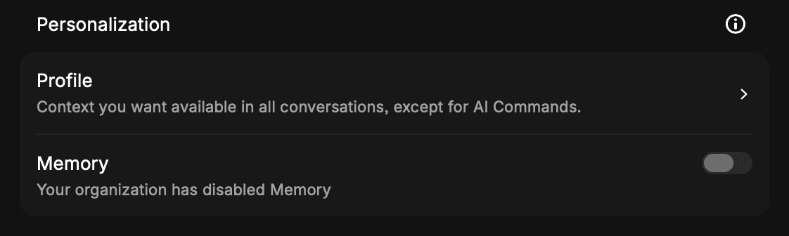 AI Memory disabled in Raycast client settings