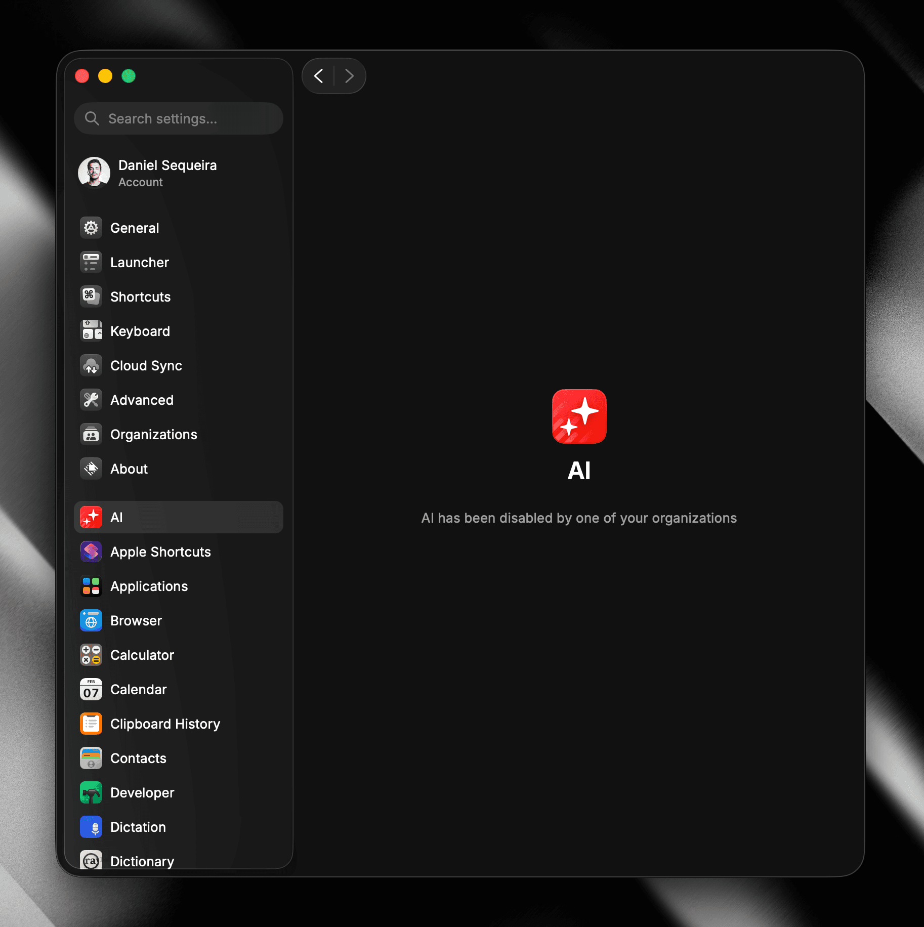 Raycast AI features disabled in client settings