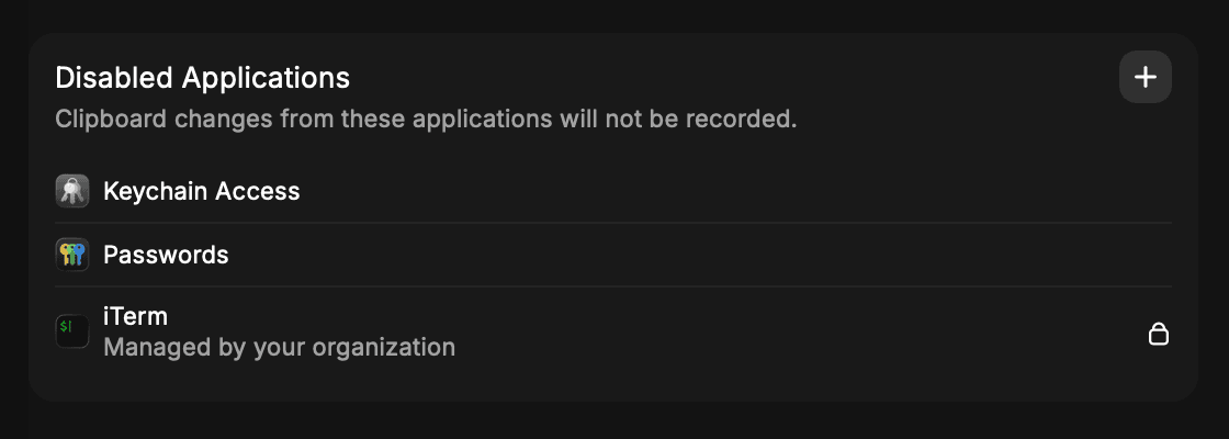 Clipboard History Disabled Applications in Raycast client settings