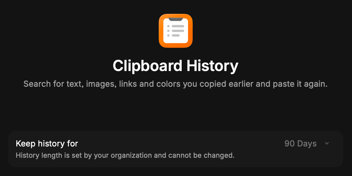 Clipboard History Retention in Raycast client settings