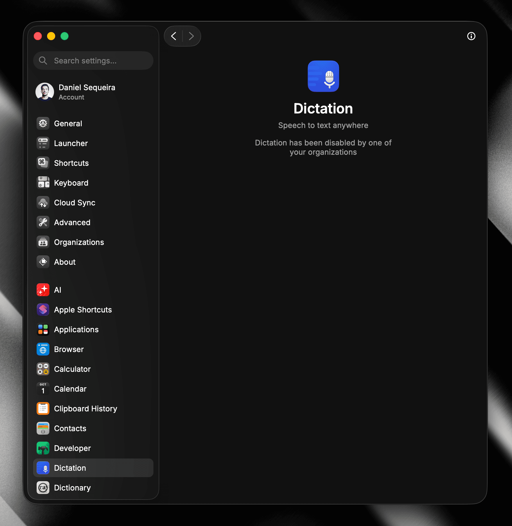 Dictation disabled in Raycast client settings