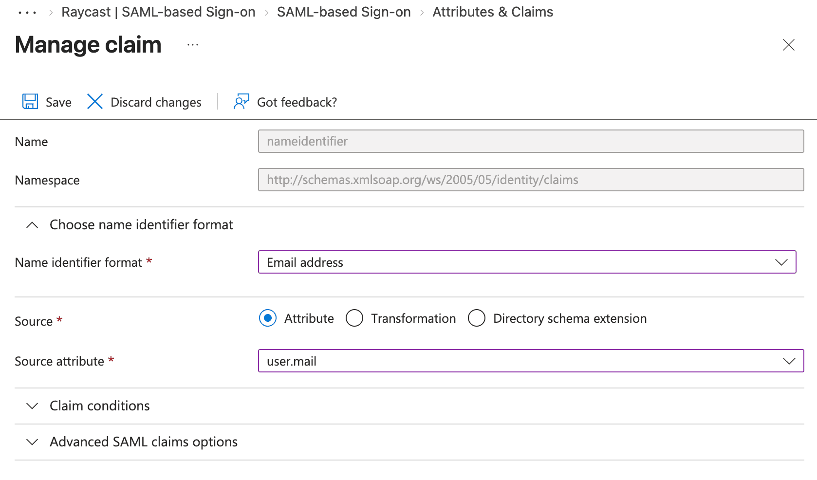 Microsoft Entra ID Name ID claim settings with user.mail source attribute