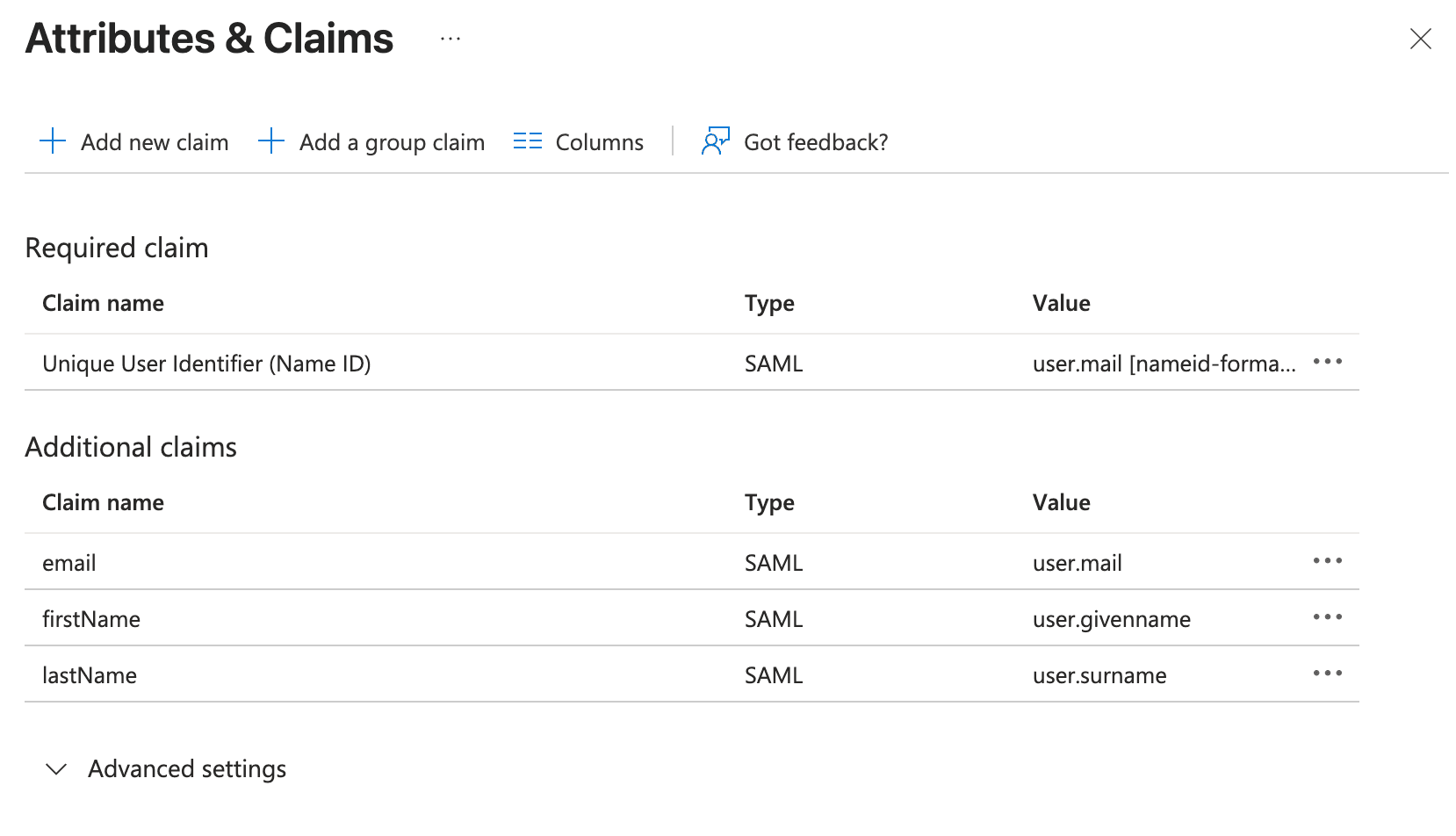 Microsoft Entra ID additional claims for email, firstName, and lastName