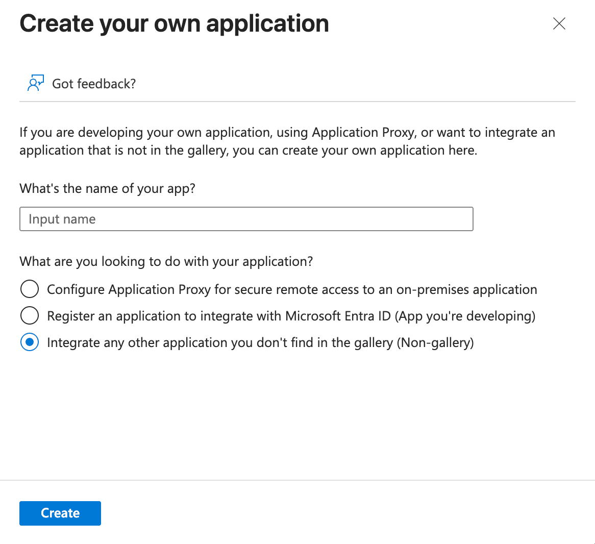 Microsoft Entra ID create your own application dialog for Raycast