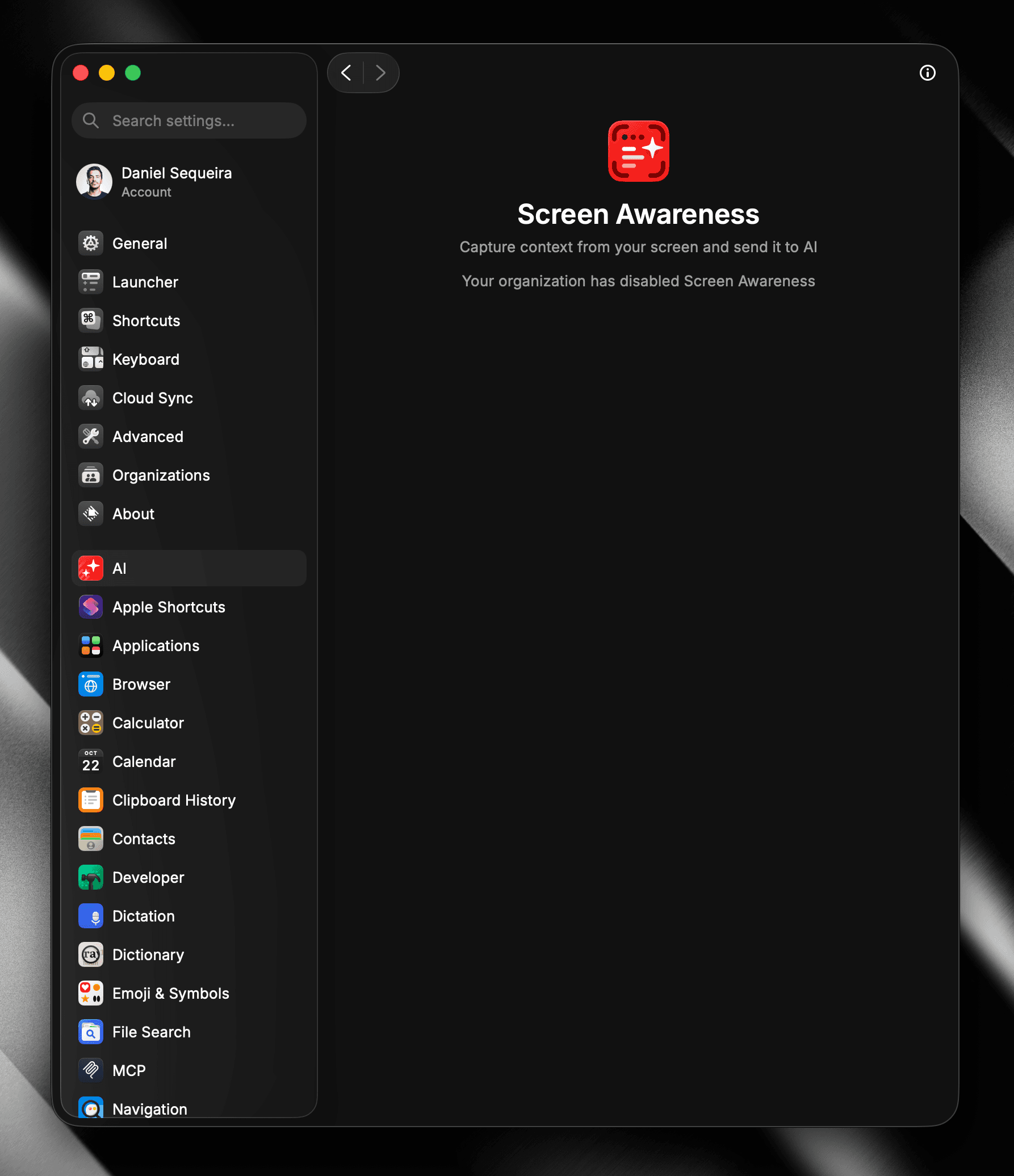 Screen Awareness disabled in Raycast client settings