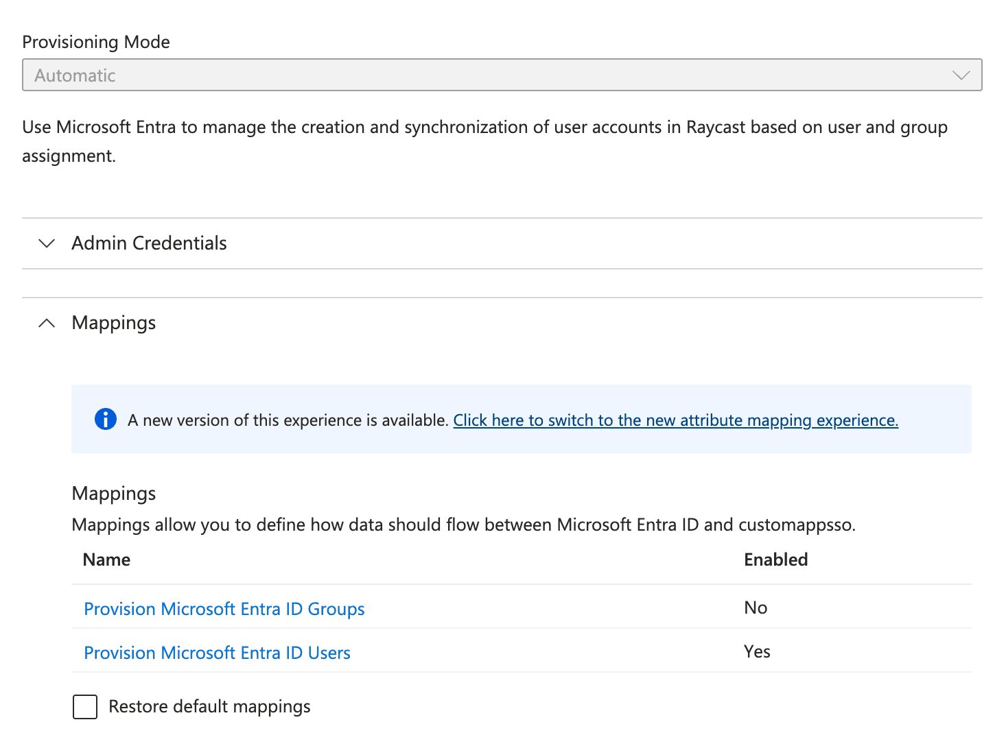 Entra ID provisioning Mappings section with user provisioning enabled and group provisioning disabled