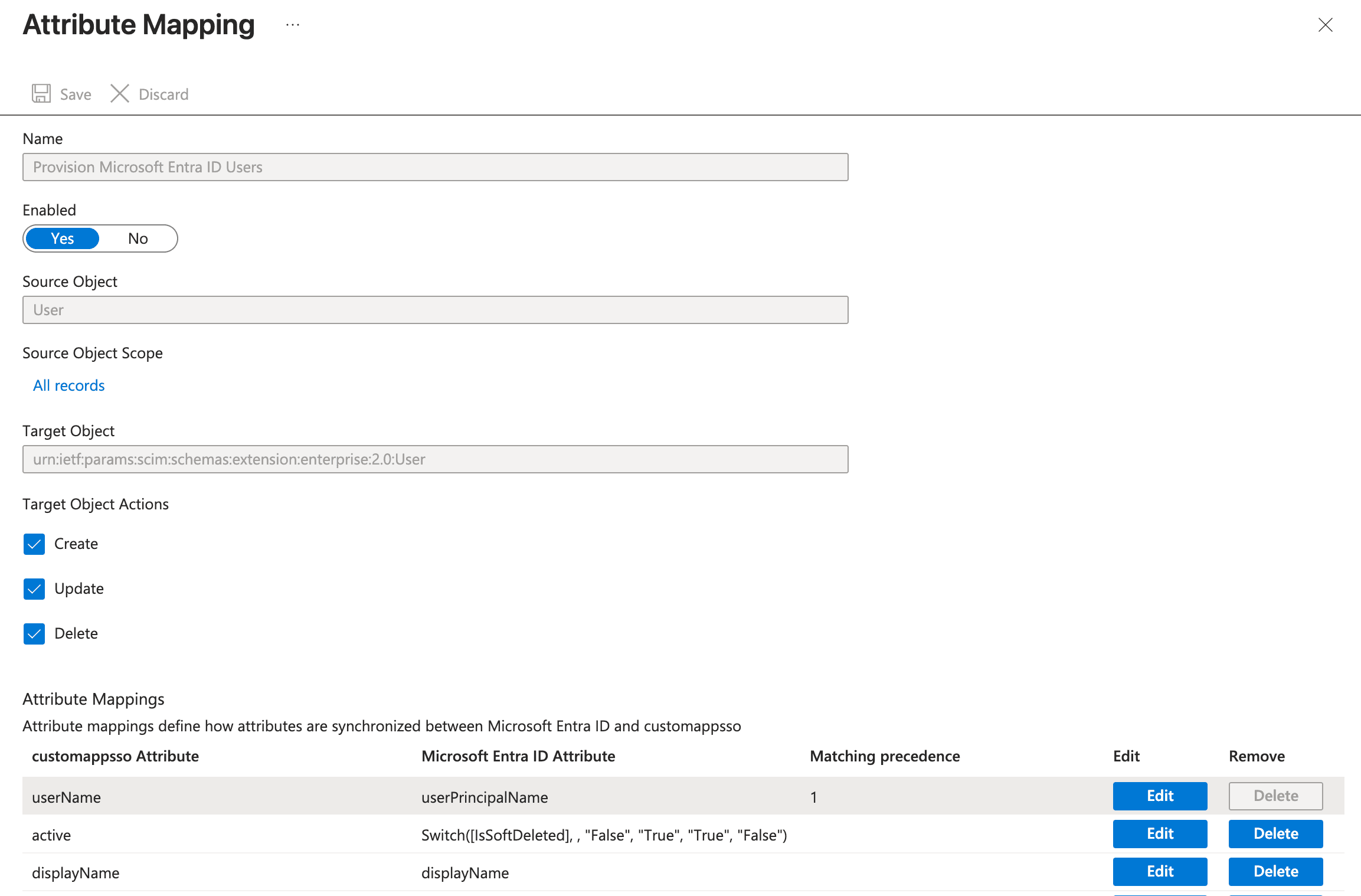 Entra ID attribute mapping for users with the userName to userPrincipalName match and all target object actions checked