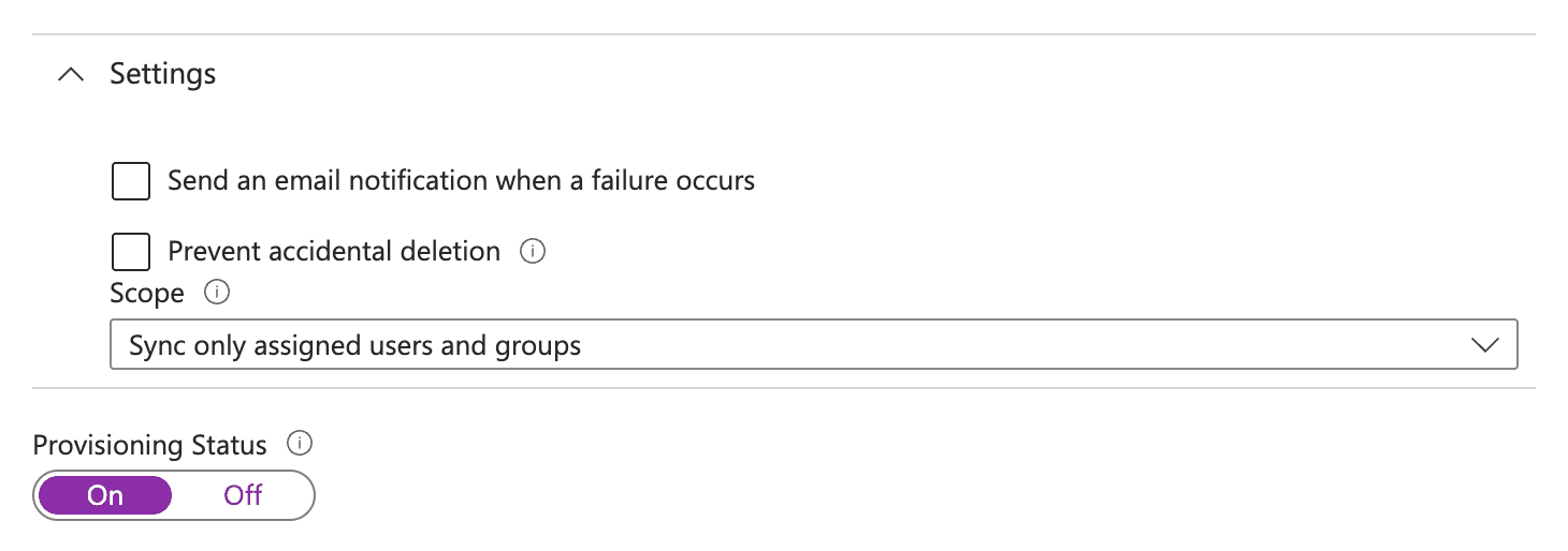 Entra ID provisioning Settings section with scope set to assigned users and provisioning status on
