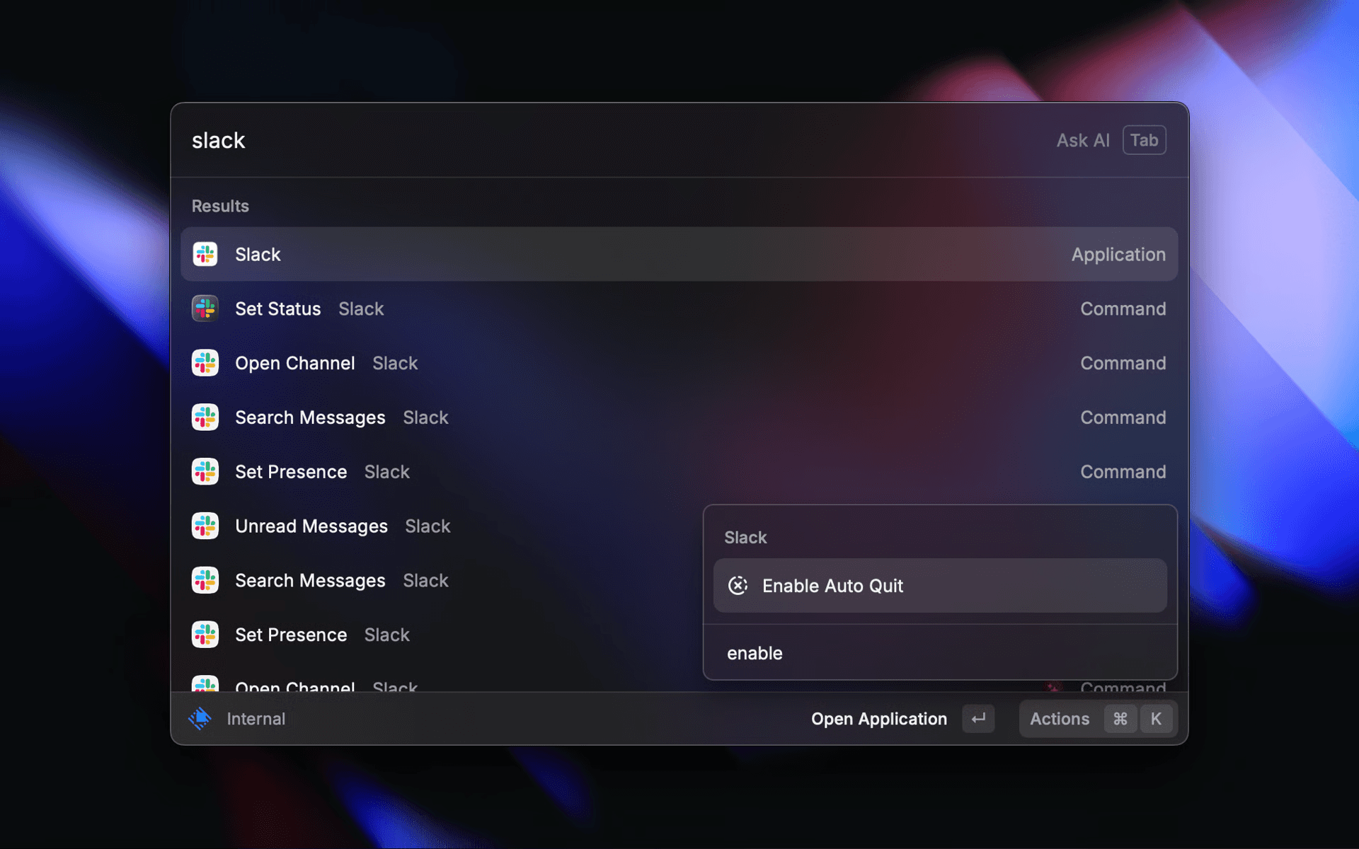 Screenshot of the action to enable Auto Quit in Raycast v1