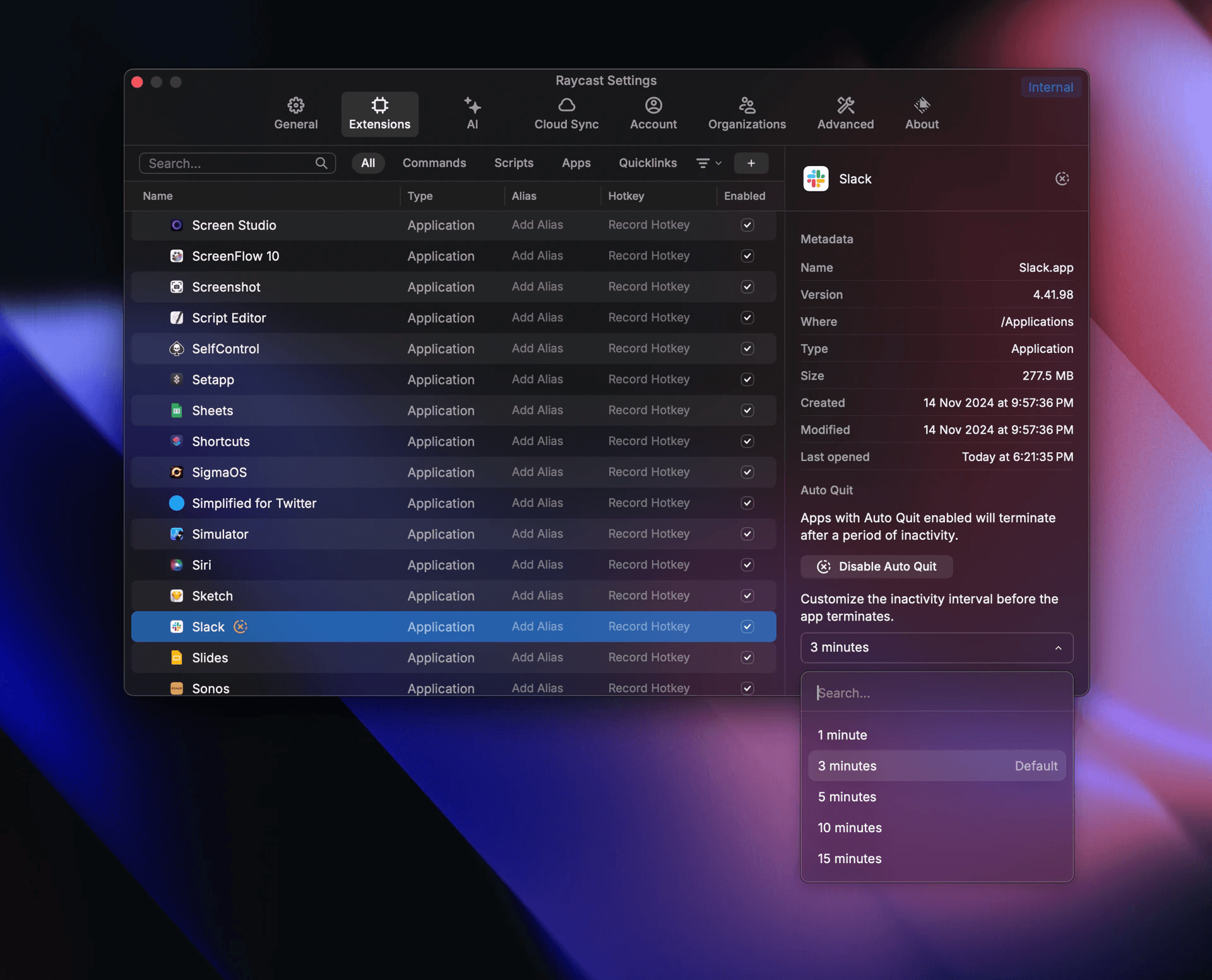 Screenshot of the Auto Quit preferences for the Slack app in Raycast v1