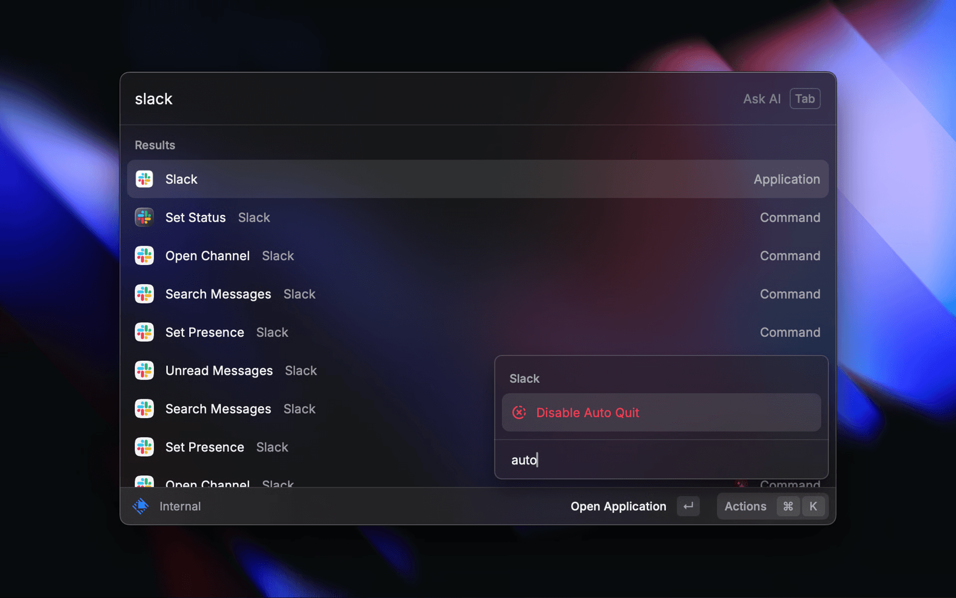 Screenshot of the action to disable Auto Quit in Raycast v1