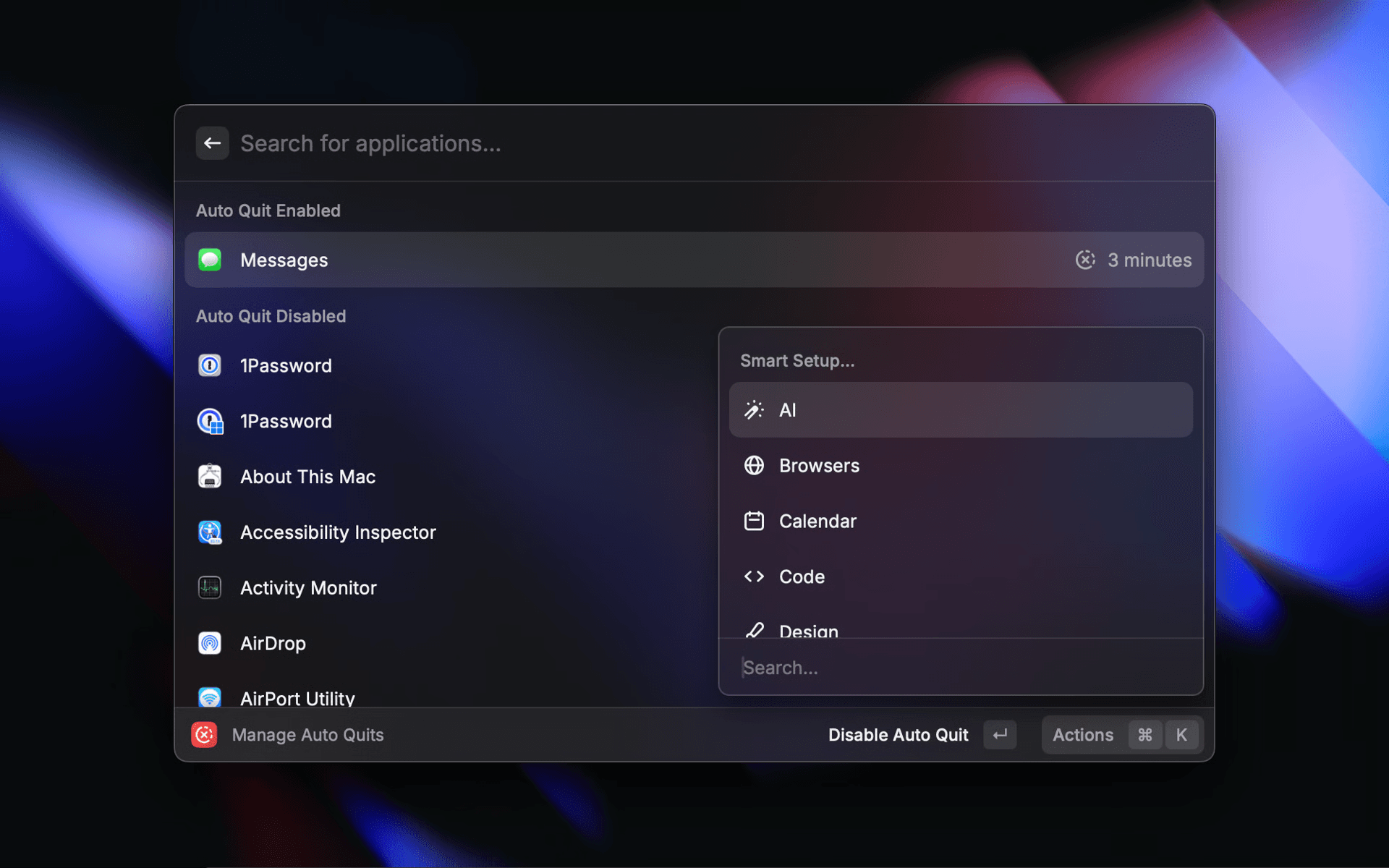 Screenshot of the Smart Setup actions in Raycast v1