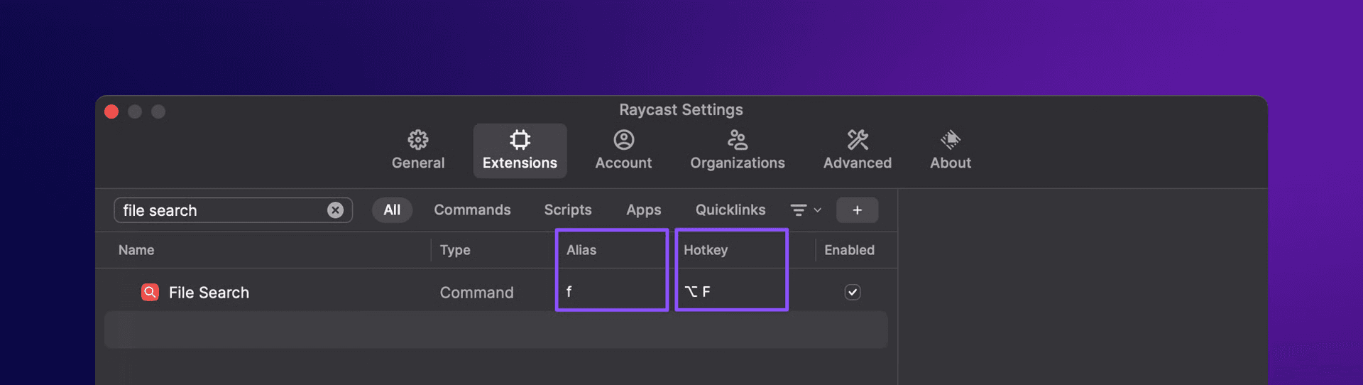 Screenshot of the command aliases and hotkeys in Raycast v1